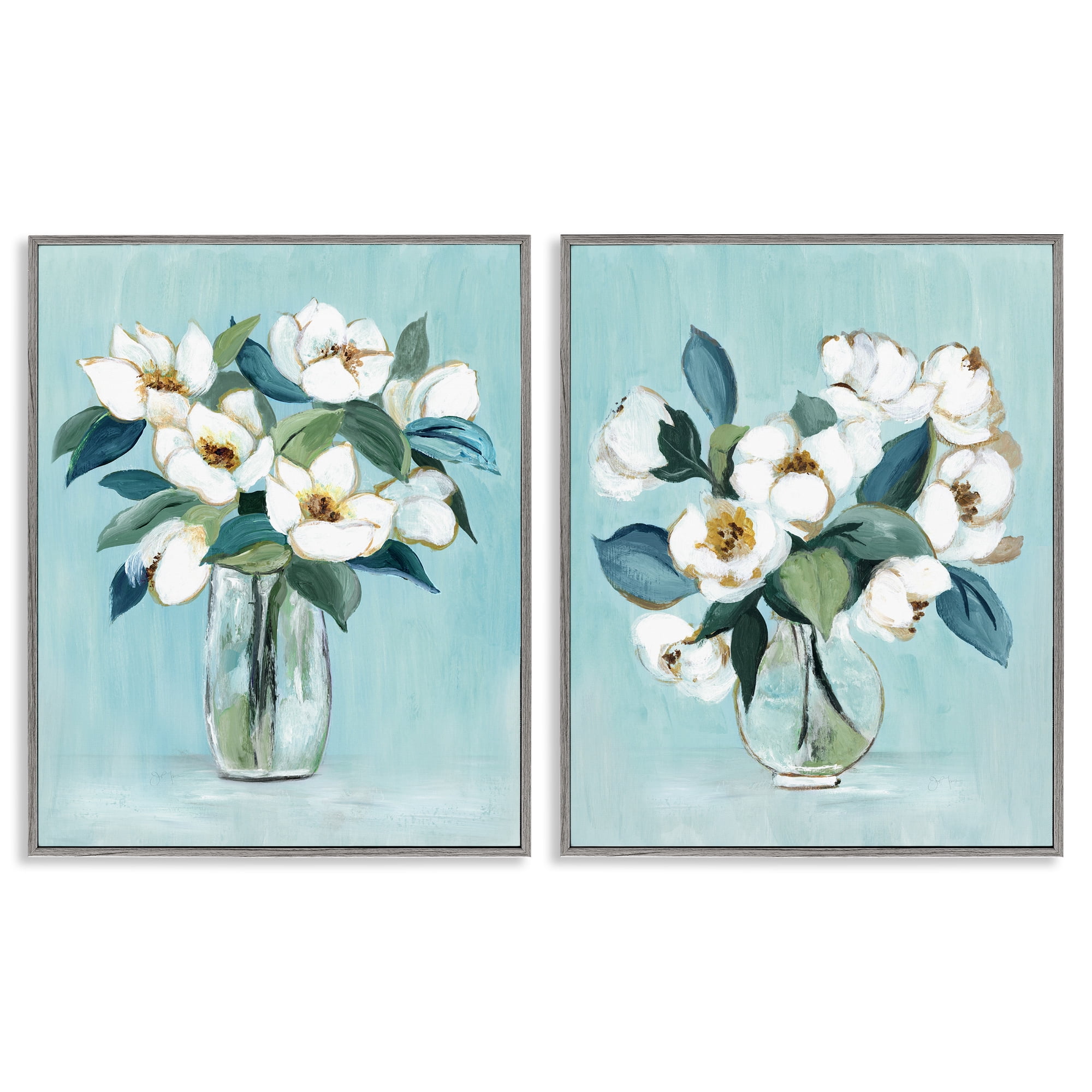 Stupell Industries Magnolia Blossom Vases 2 Piece Gray Framed Giclee Art Set, design by Janet Tava