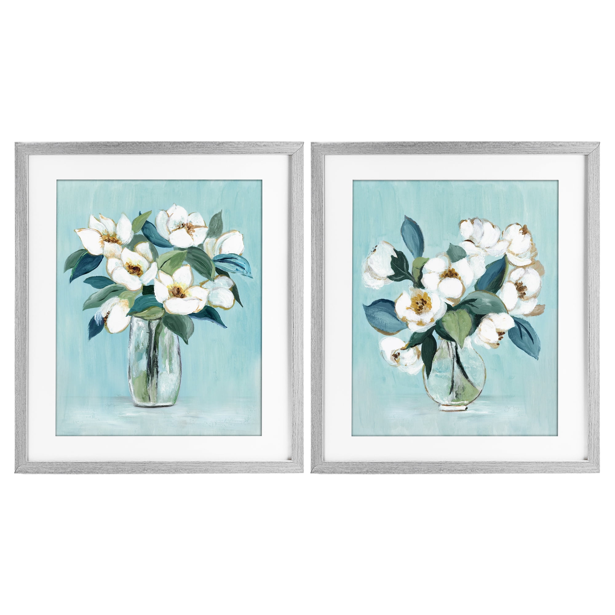 Stupell Industries Magnolia Blossom Vases 2 Piece Gray Framed Print Under Glass Set, design by Janet Tava