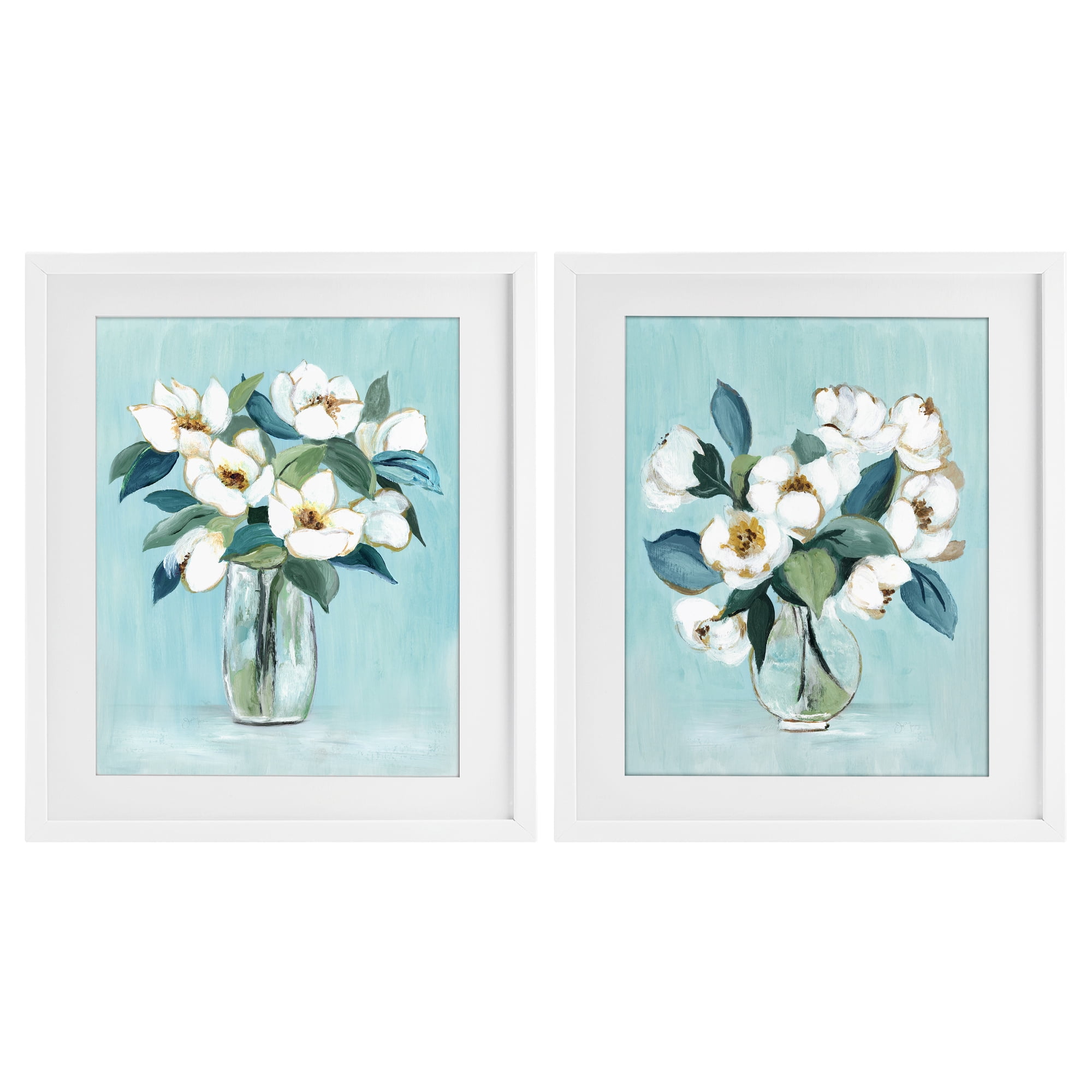 Stupell Industries Magnolia Blossom Vases 2 Piece White Framed Print Under Glass Set, design by Janet Tava