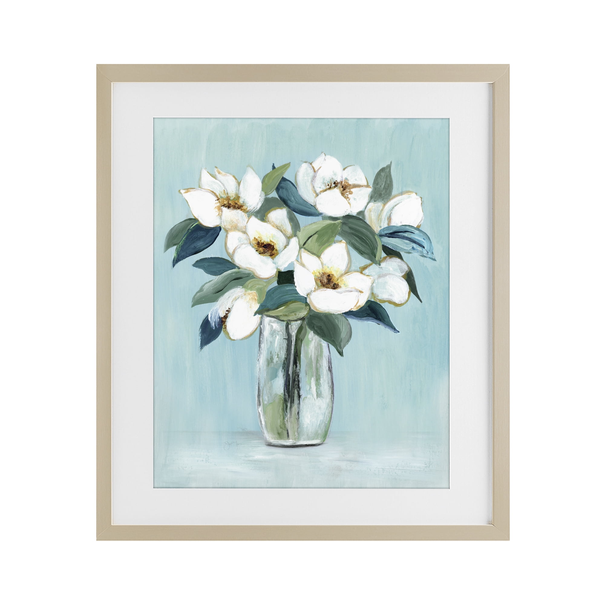 Stupell Industries Magnolia Blossoms on Blue Birch Framed Print Under Glass, design by Janet Tava