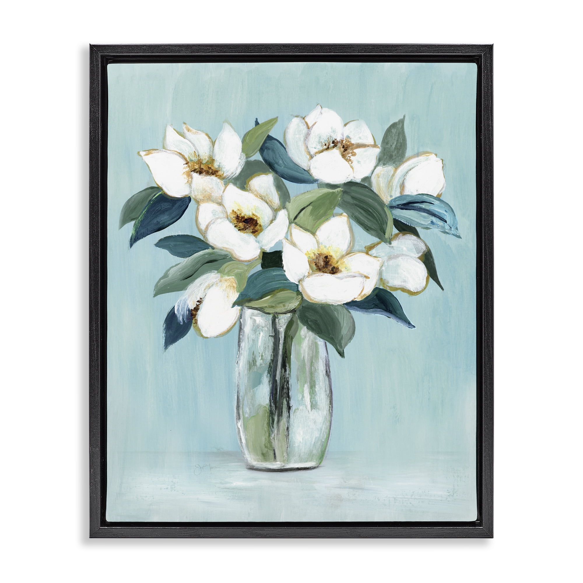 Stupell Industries Magnolia Blossoms on Blue Black Framed Floater Canvas Wall Art, design by Janet Tava
