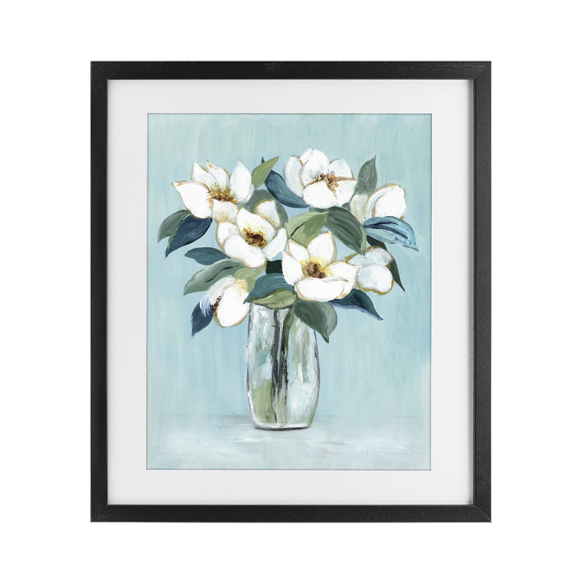 Stupell Industries Magnolia Blossoms on Blue Black Framed Print Under Glass, design by Janet Tava