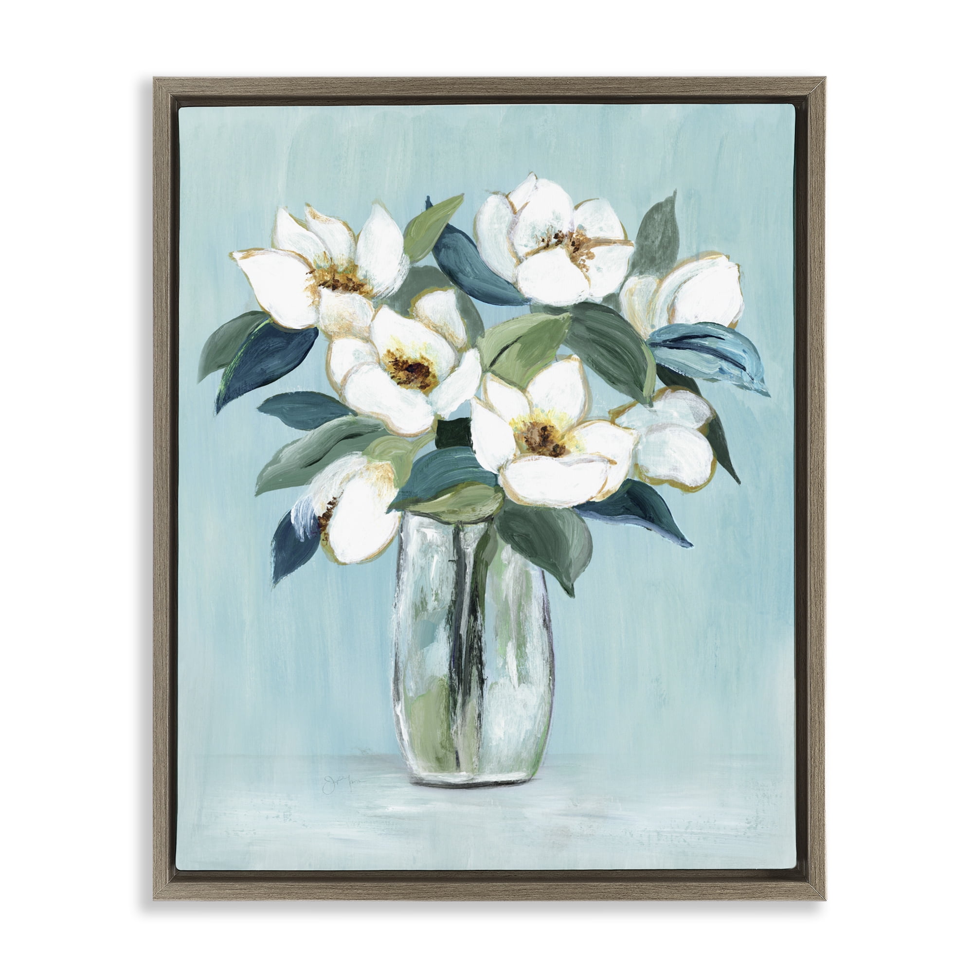Stupell Industries Magnolia Blossoms on Blue Brown Framed Floater Canvas Wall Art, design by Janet Tava
