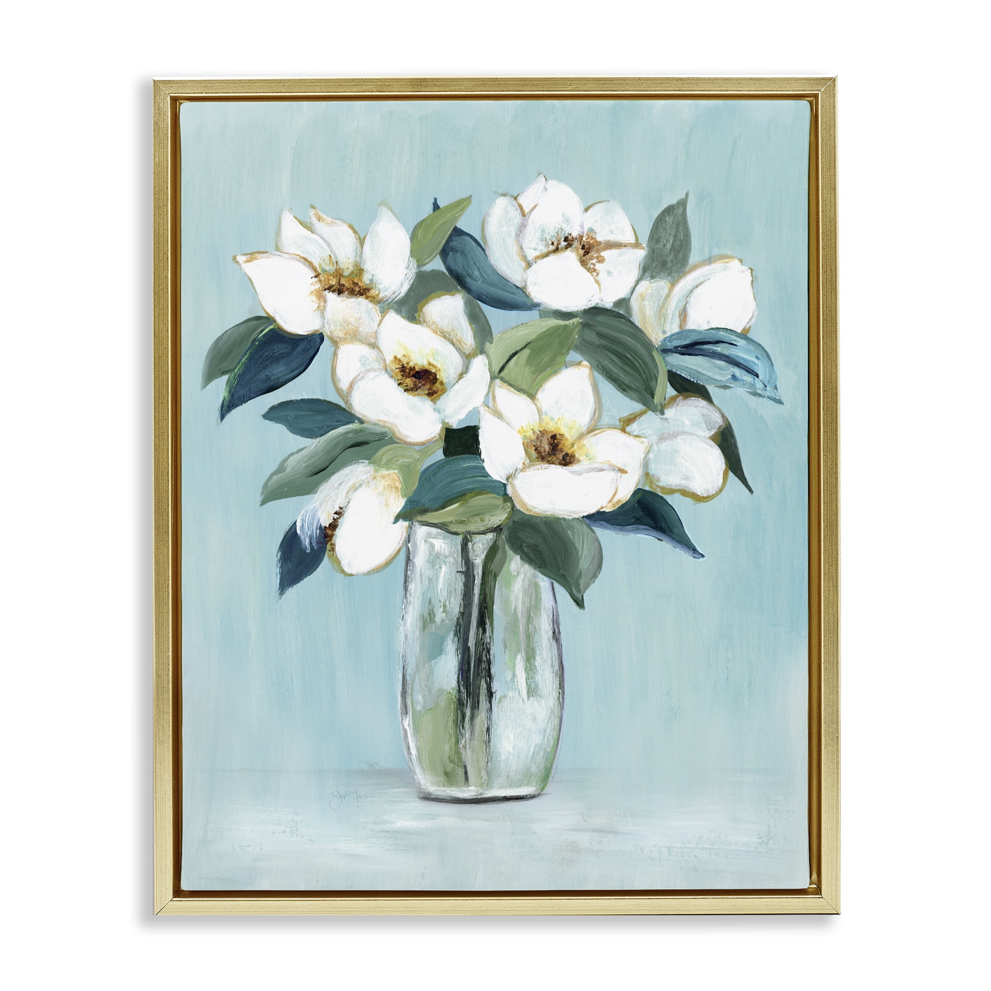 Stupell Industries Magnolia Blossoms on Blue Gold Framed Floater Canvas Wall Art, design by Janet Tava
