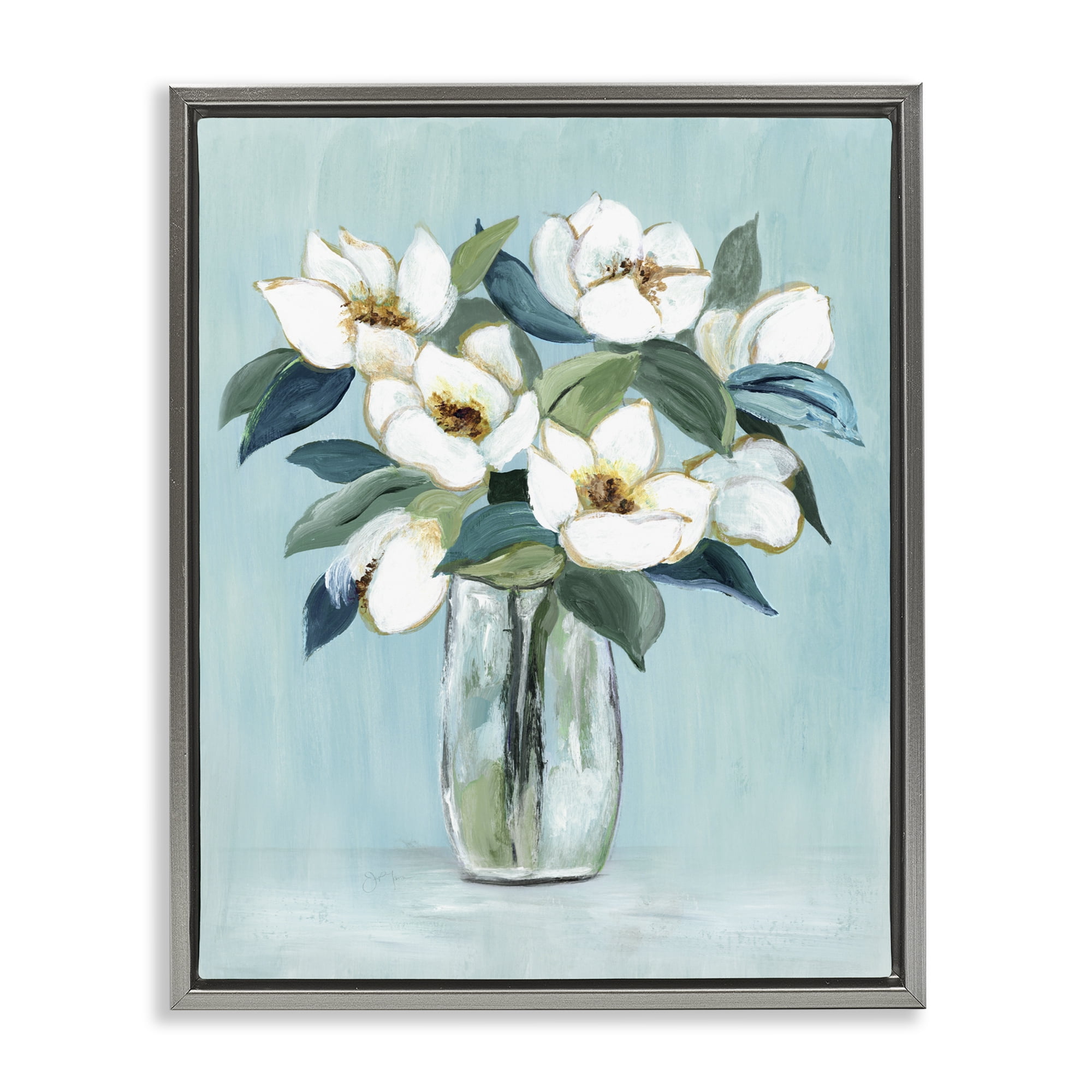Stupell Industries Magnolia Blossoms on Blue Gray Framed Floater Canvas Wall Art, design by Janet Tava