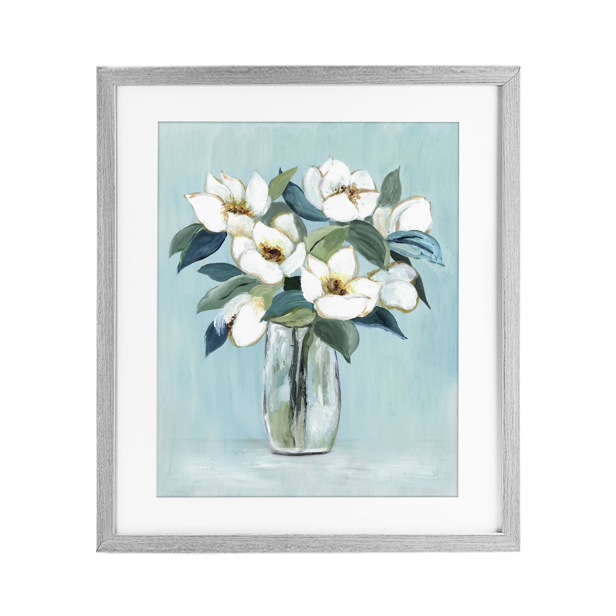 Stupell Industries Magnolia Blossoms on Blue Gray Framed Print Under Glass, design by Janet Tava