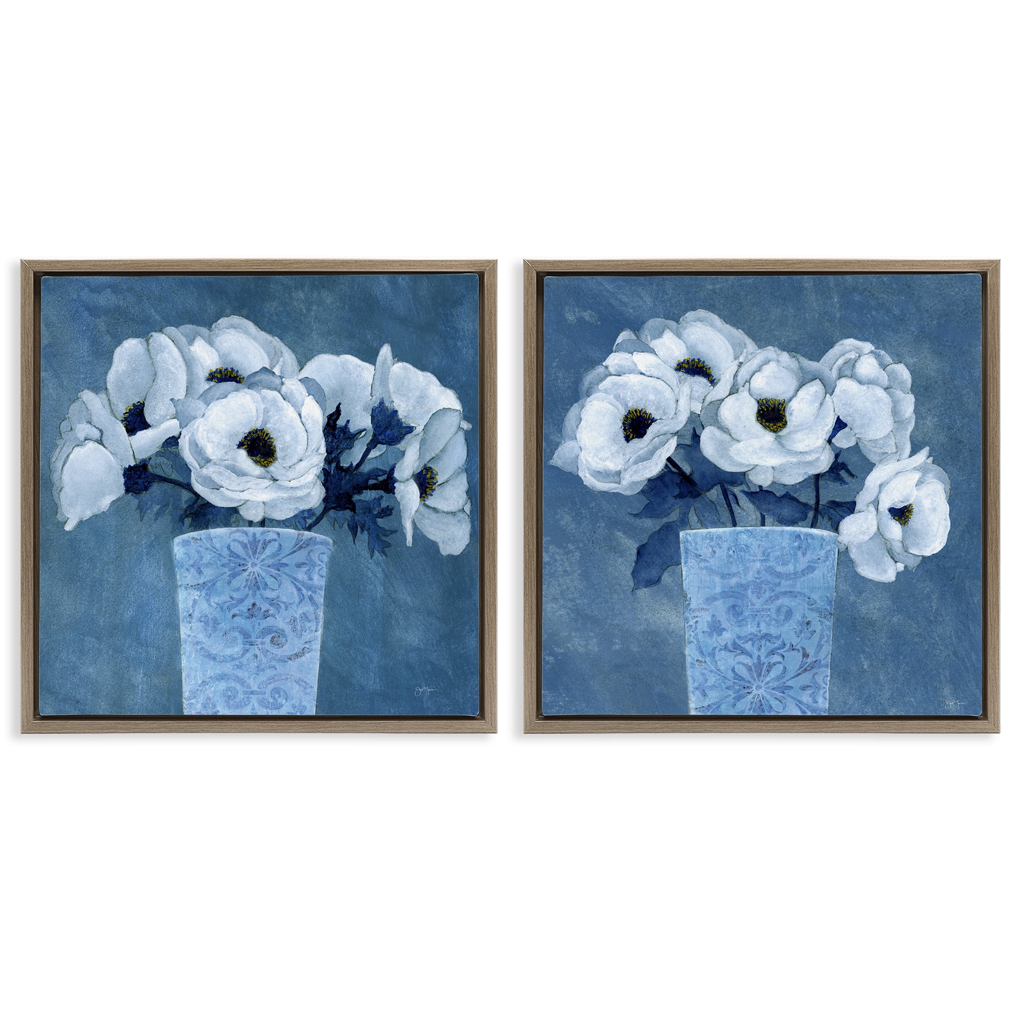 Stupell Industries Magnolia Bouquets on Blue Plants & Flowers Painting Brown Floater Framed Canvas Art Print Wall Art, 18 x 18, Set of 2