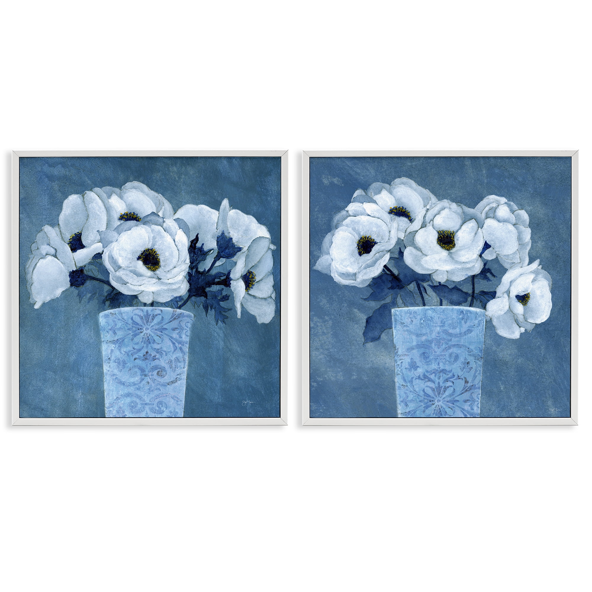 Stupell Industries Magnolia Bouquets on Blue Plants & Flowers Painting White Framed Art Print Wall Art, 17 x 17, Set of 2