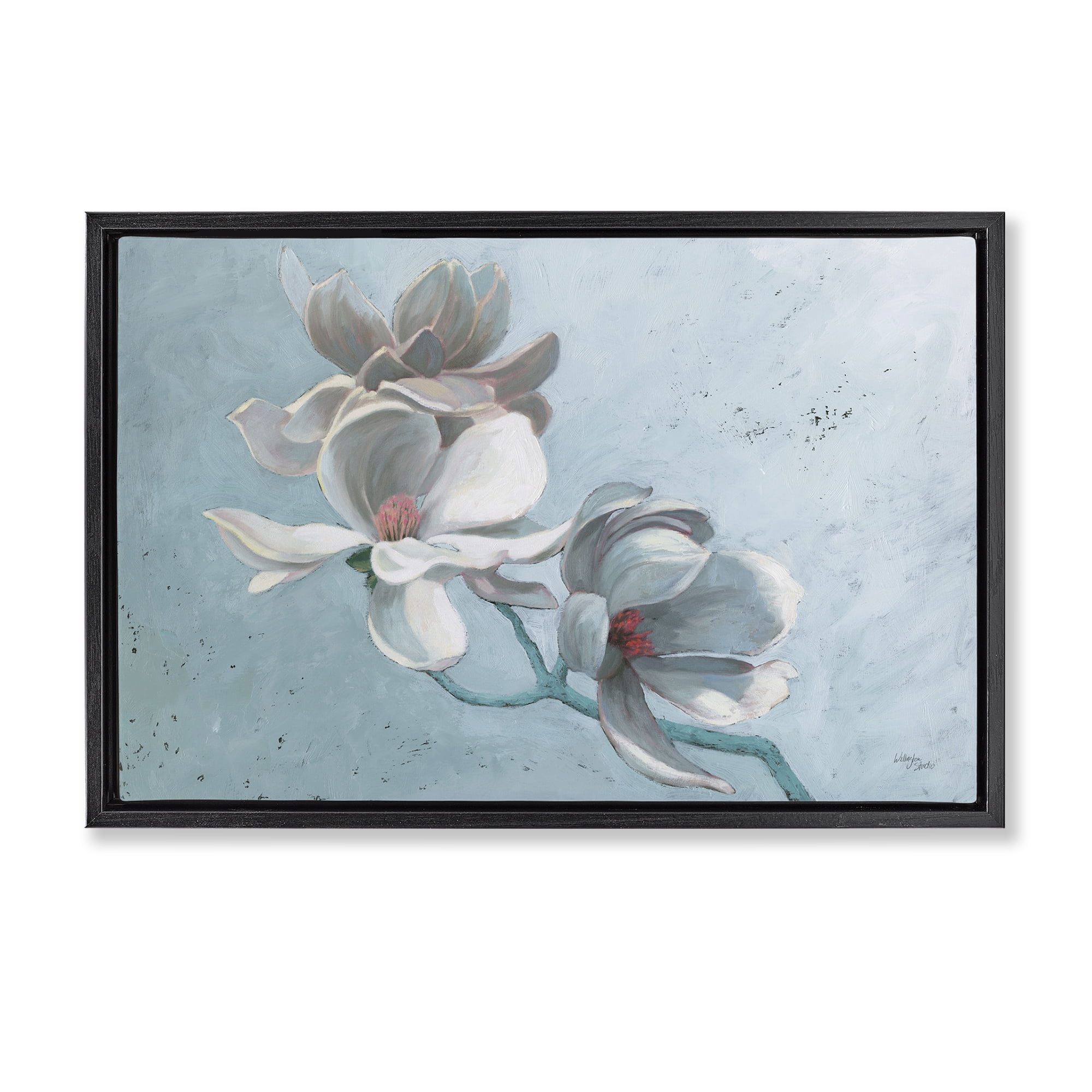 Stupell Industries Magnolia Branch on Blue Botanical & Floral Painting Black Floater Framed Art Print Wall Art, 31 x 21