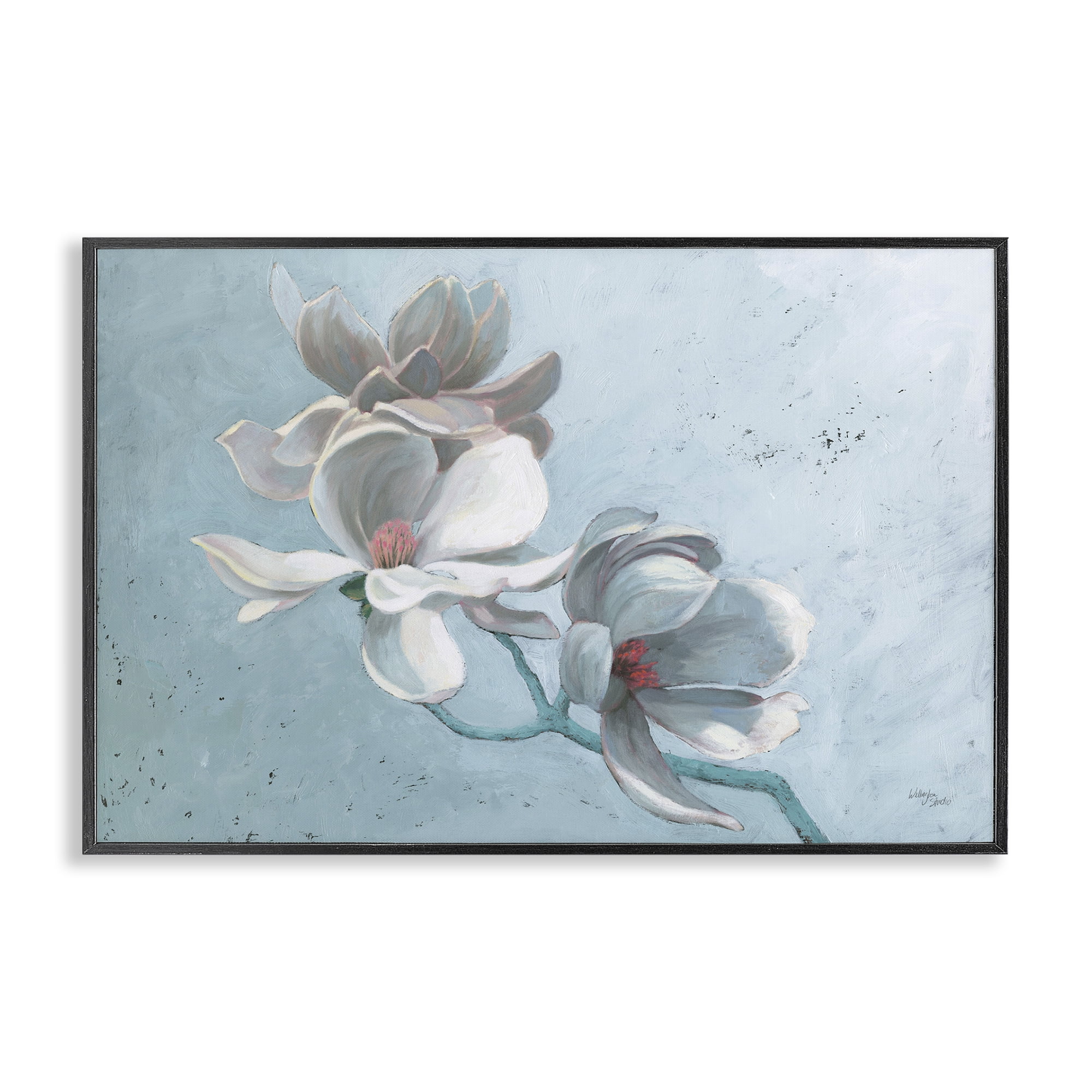 Stupell Industries Magnolia Branch on Blue Botanical & Floral Painting Black Framed Art Print Wall Art, 18 x 12