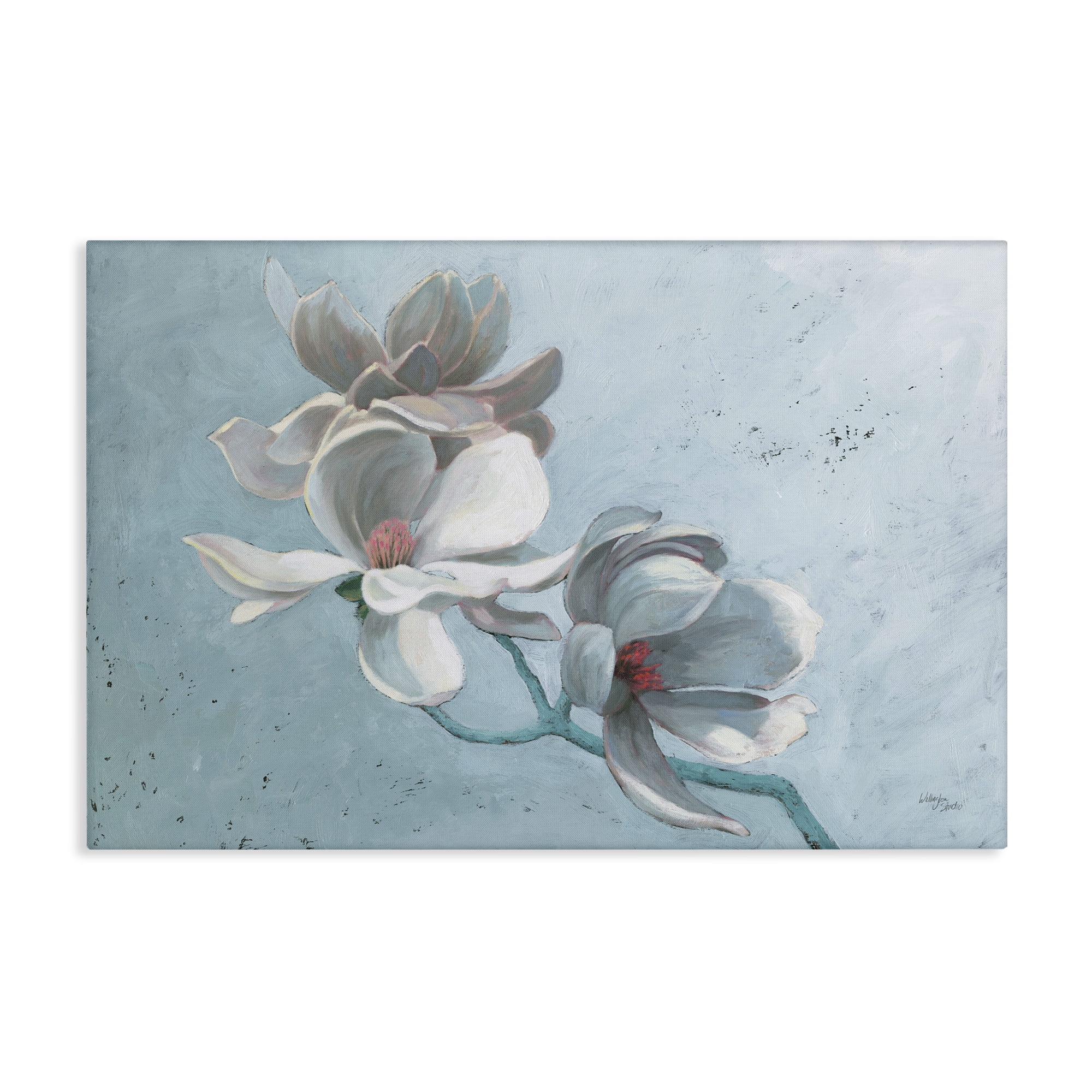 Stupell Industries Magnolia Branch on Blue Botanical & Floral Painting Gallery Wrapped Canvas Art Print Wall Art, 36 x 24