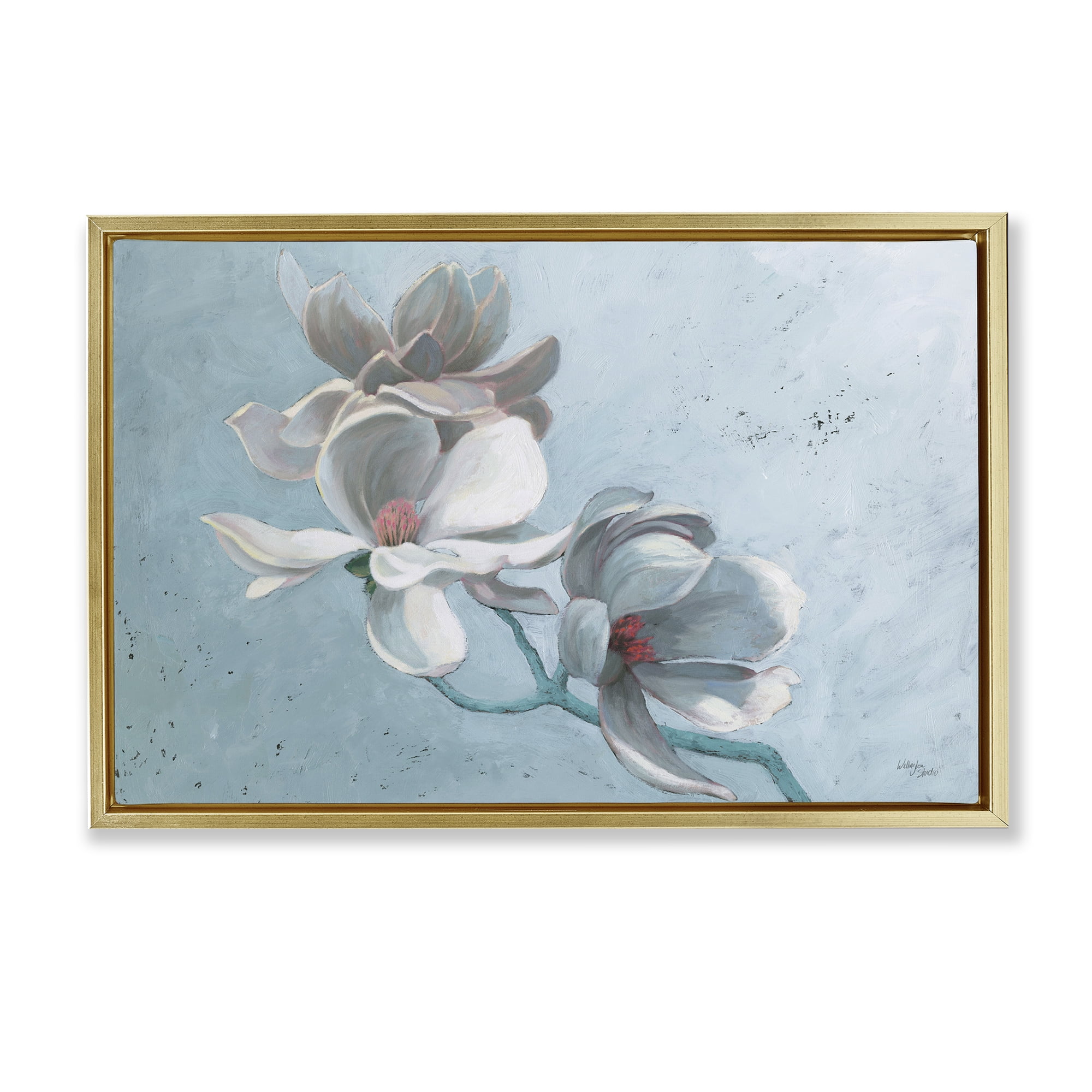 Stupell Industries Magnolia Branch on Blue Botanical & Floral Painting Gold Floater Framed Art Print Wall Art, 25 x 17