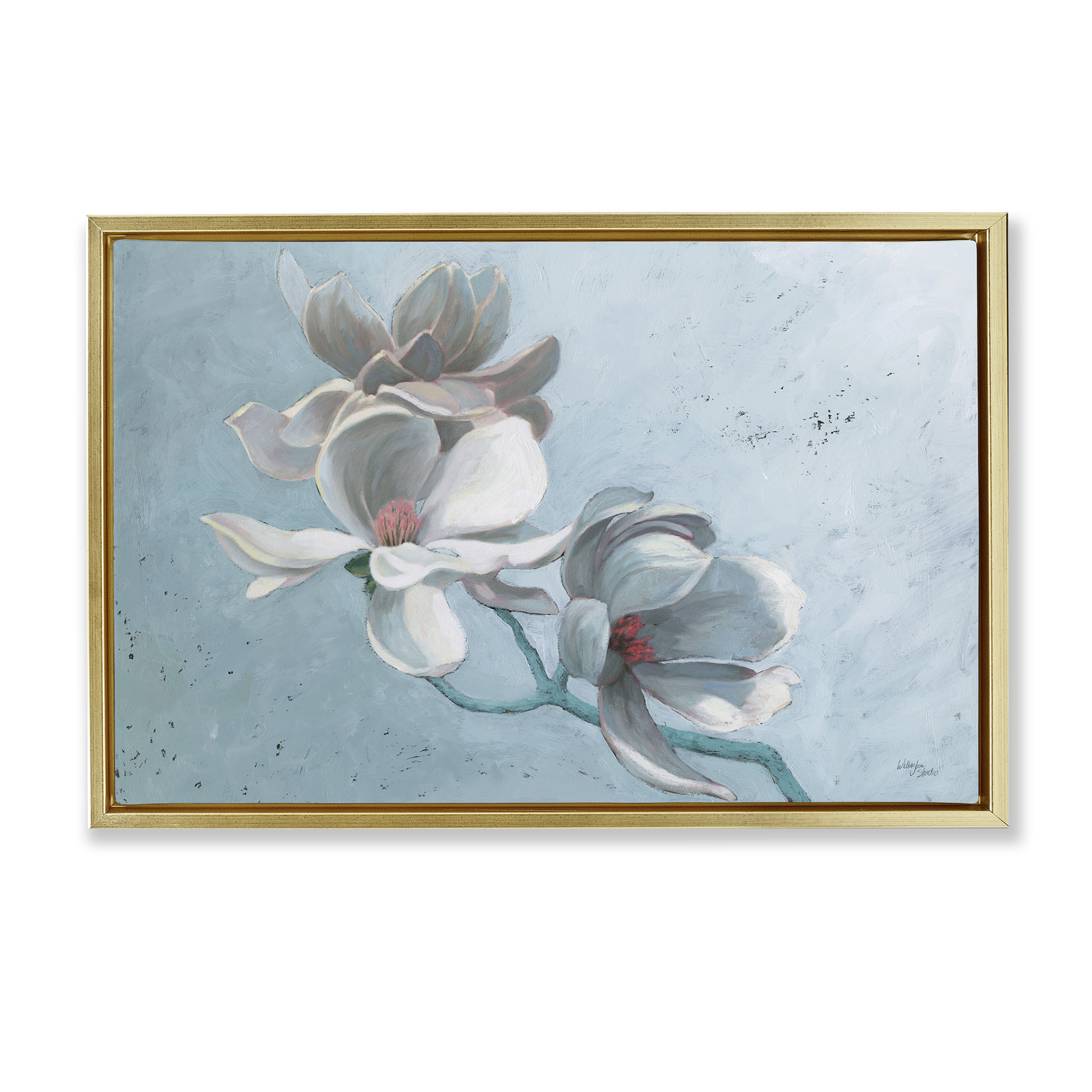 Stupell Industries Magnolia Branch on Blue Botanical & Floral Painting Gold Floater Framed Art Print Wall Art, 31 x 21