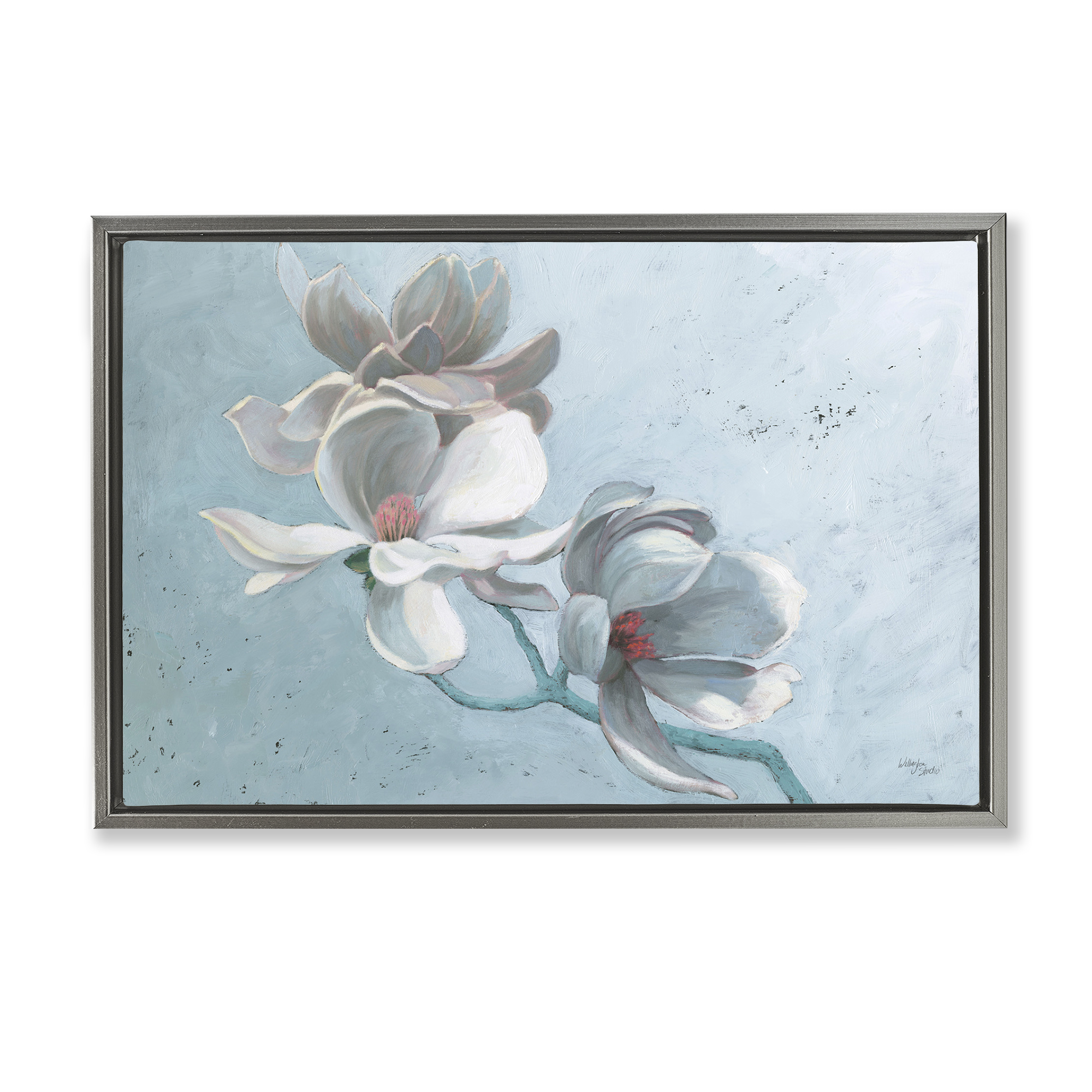 Stupell Industries Magnolia Branch on Blue Botanical & Floral Painting Gray Floater Framed Art Print Wall Art, 25 x 17