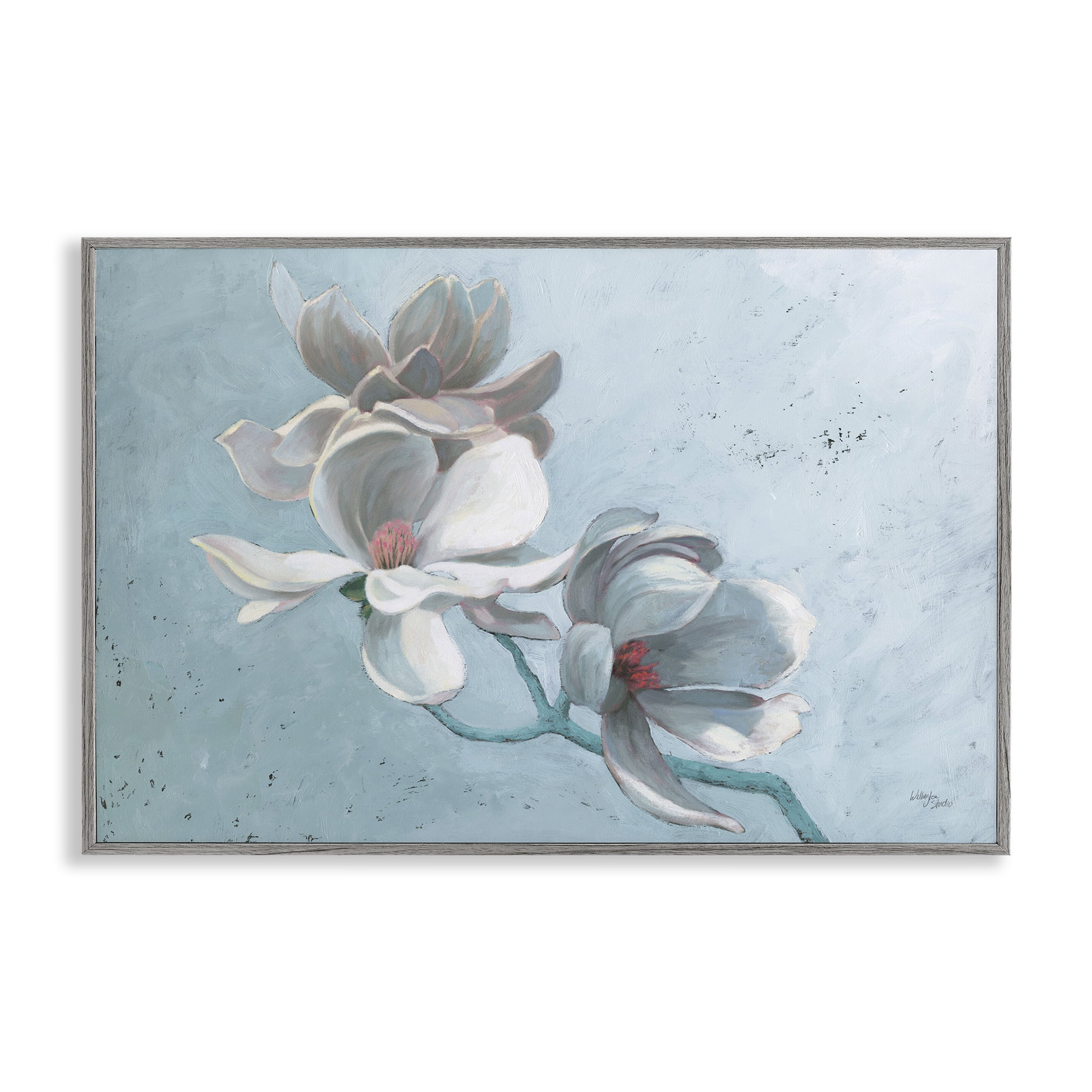 Stupell Industries Magnolia Branch on Blue Botanical & Floral Painting Gray Framed Art Print Wall Art, 18 x 12