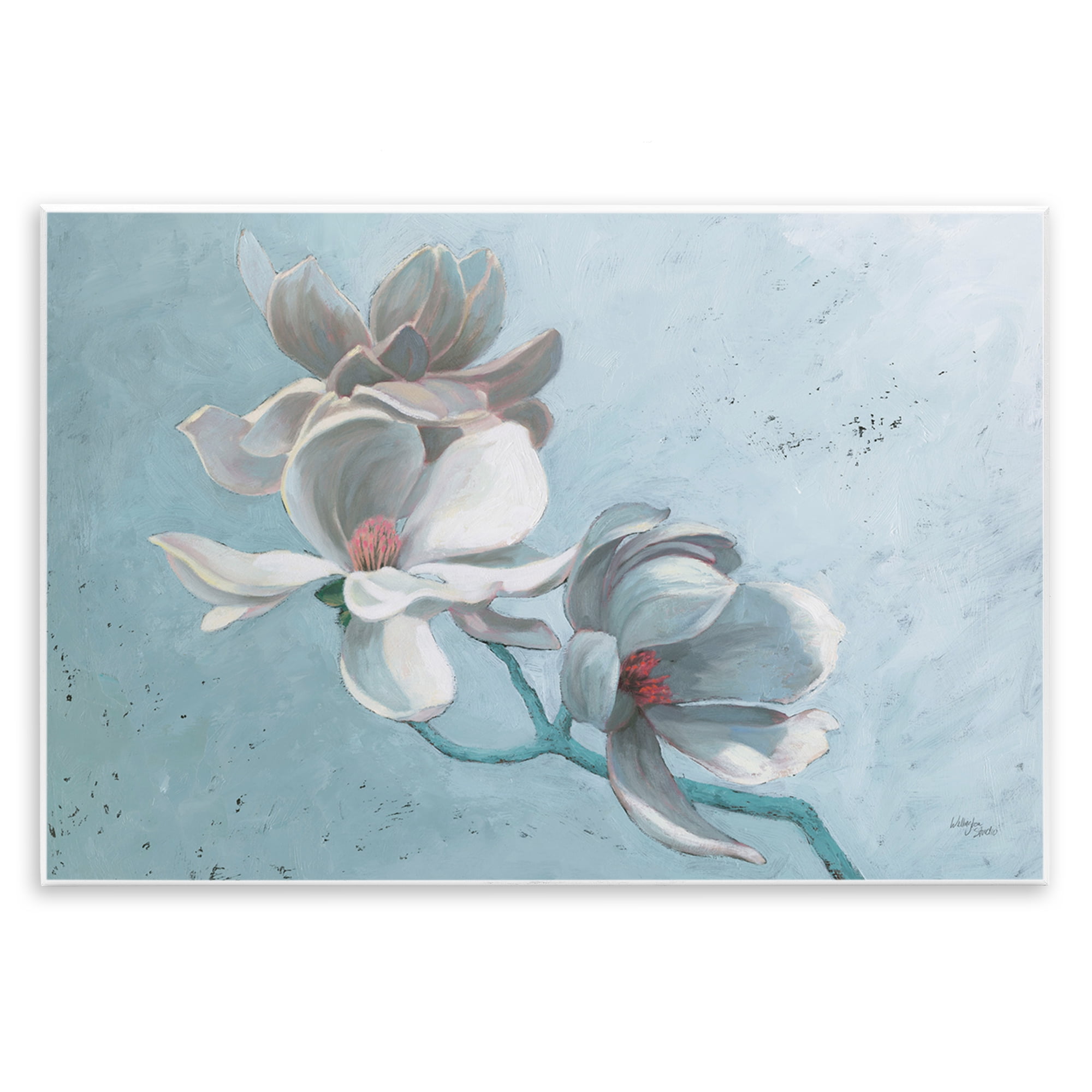 Stupell Industries Magnolia Branch on Blue Botanical & Floral Painting Unframed Art Print Wall Art, 19 x 13