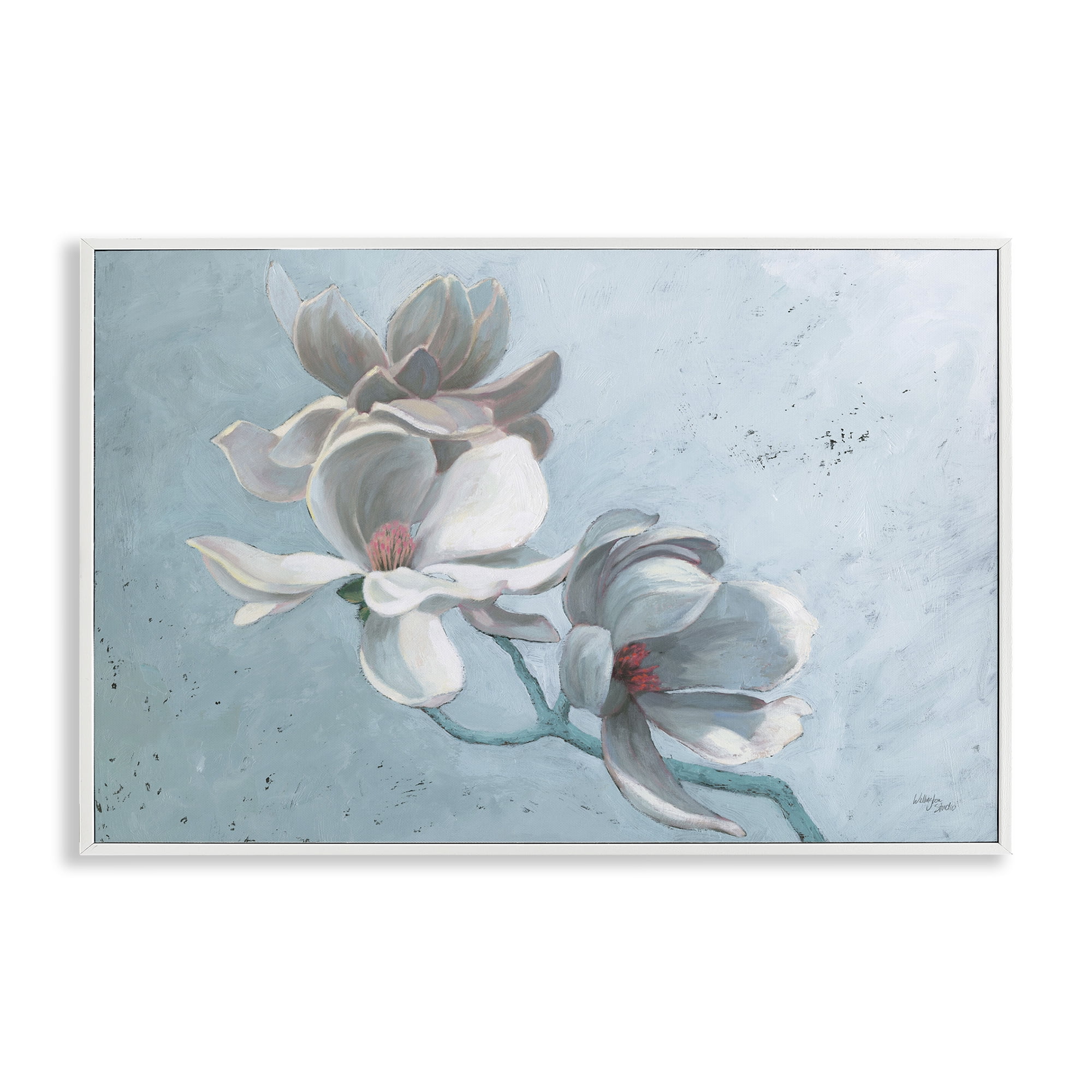 Stupell Industries Magnolia Branch on Blue Botanical & Floral Painting White Framed Art Print Wall Art, 30 x 20