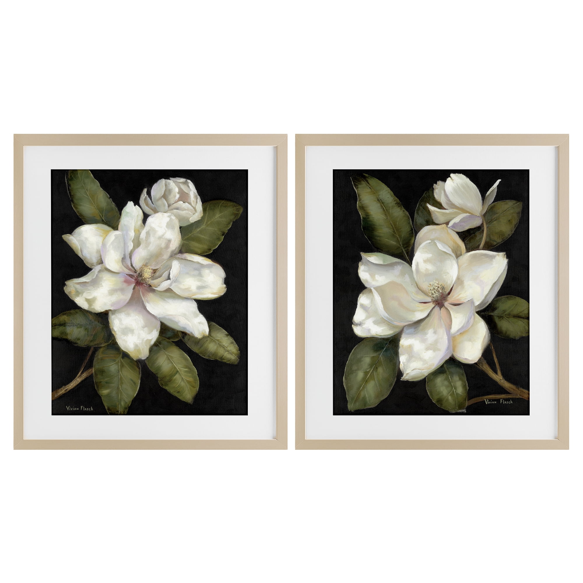 Stupell Industries Magnolia Buds & Blooms 2 Piece Birch Framed Print Under Glass Set, design by Nan