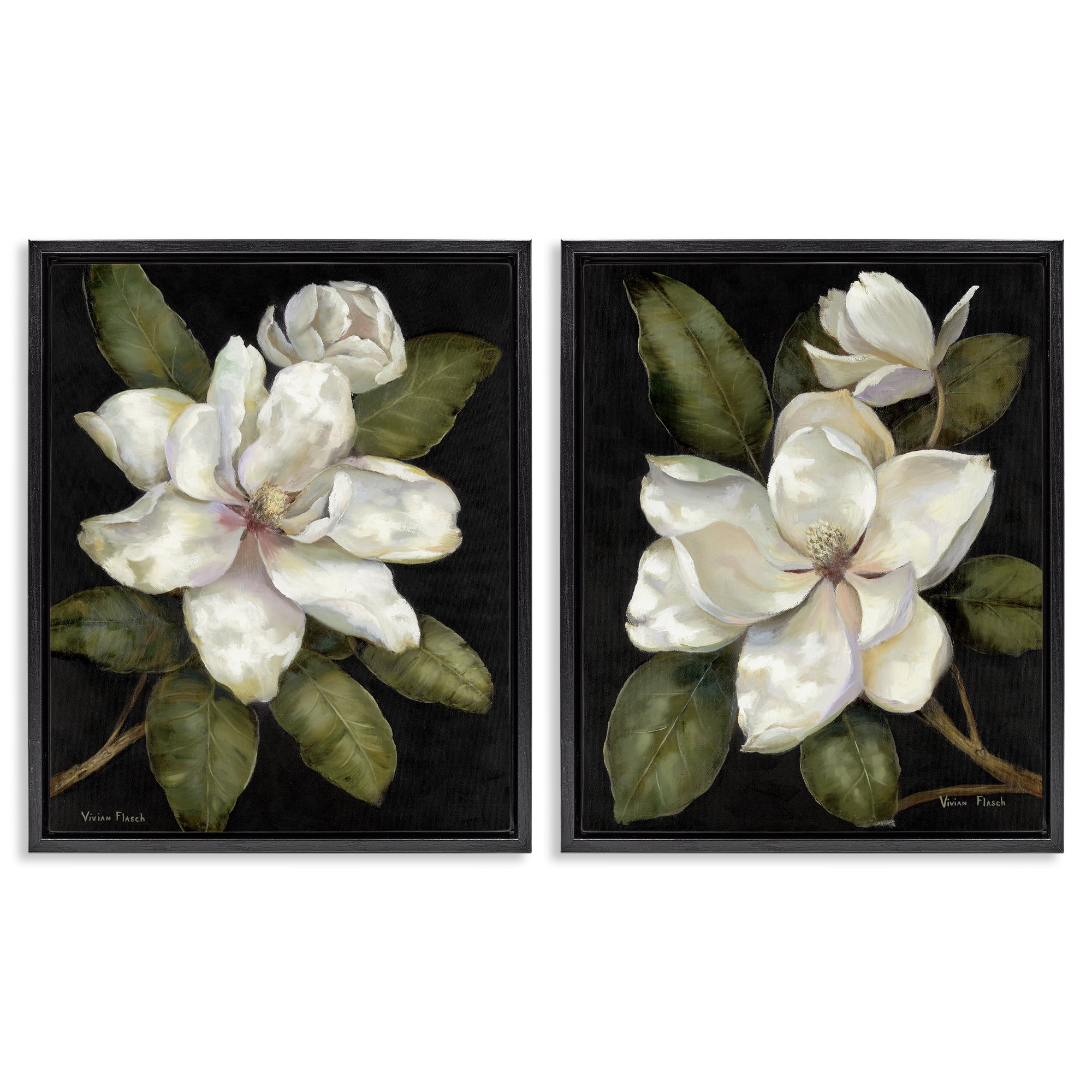 Stupell Industries Magnolia Buds & Blooms 2 Piece Black Framed Floater Canvas Set, design by Nan