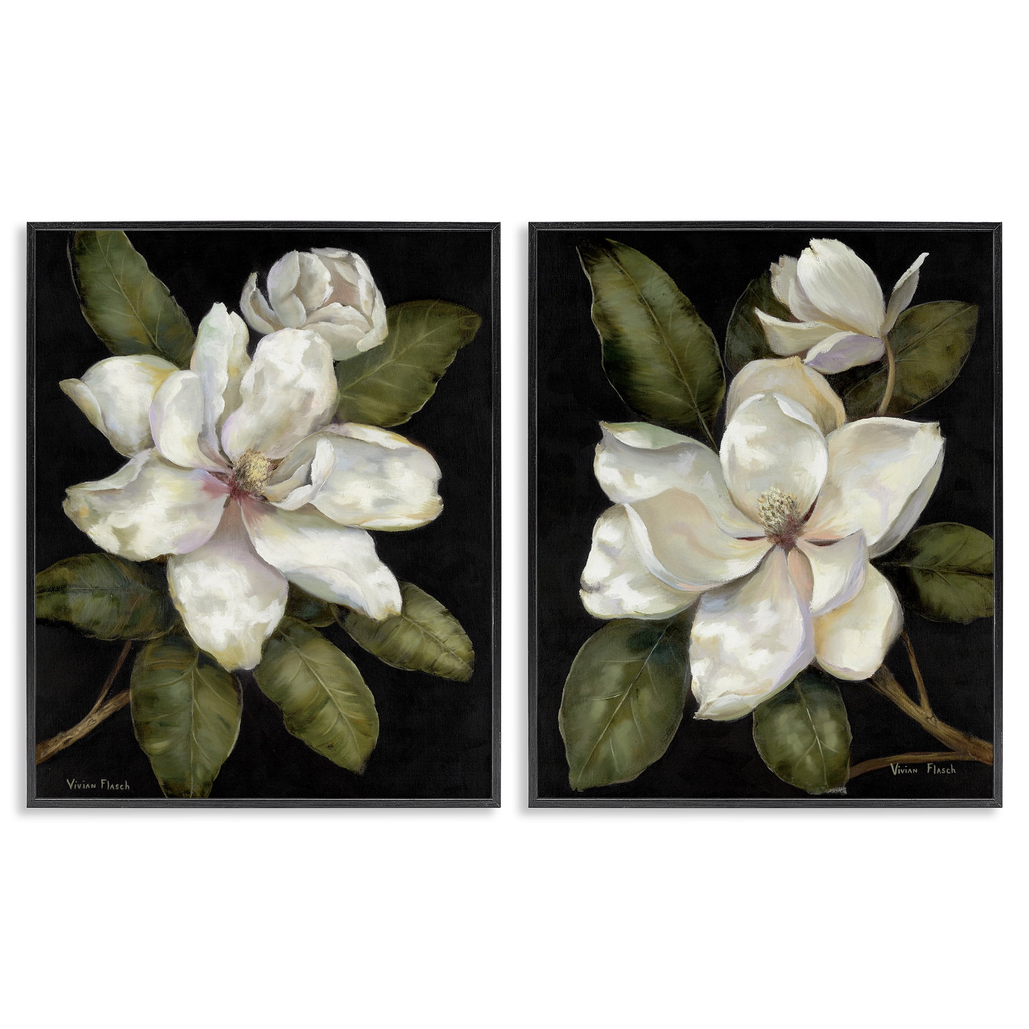Stupell Industries Magnolia Buds & Blooms 2 Piece Black Framed Giclee Art Set, design by Nan