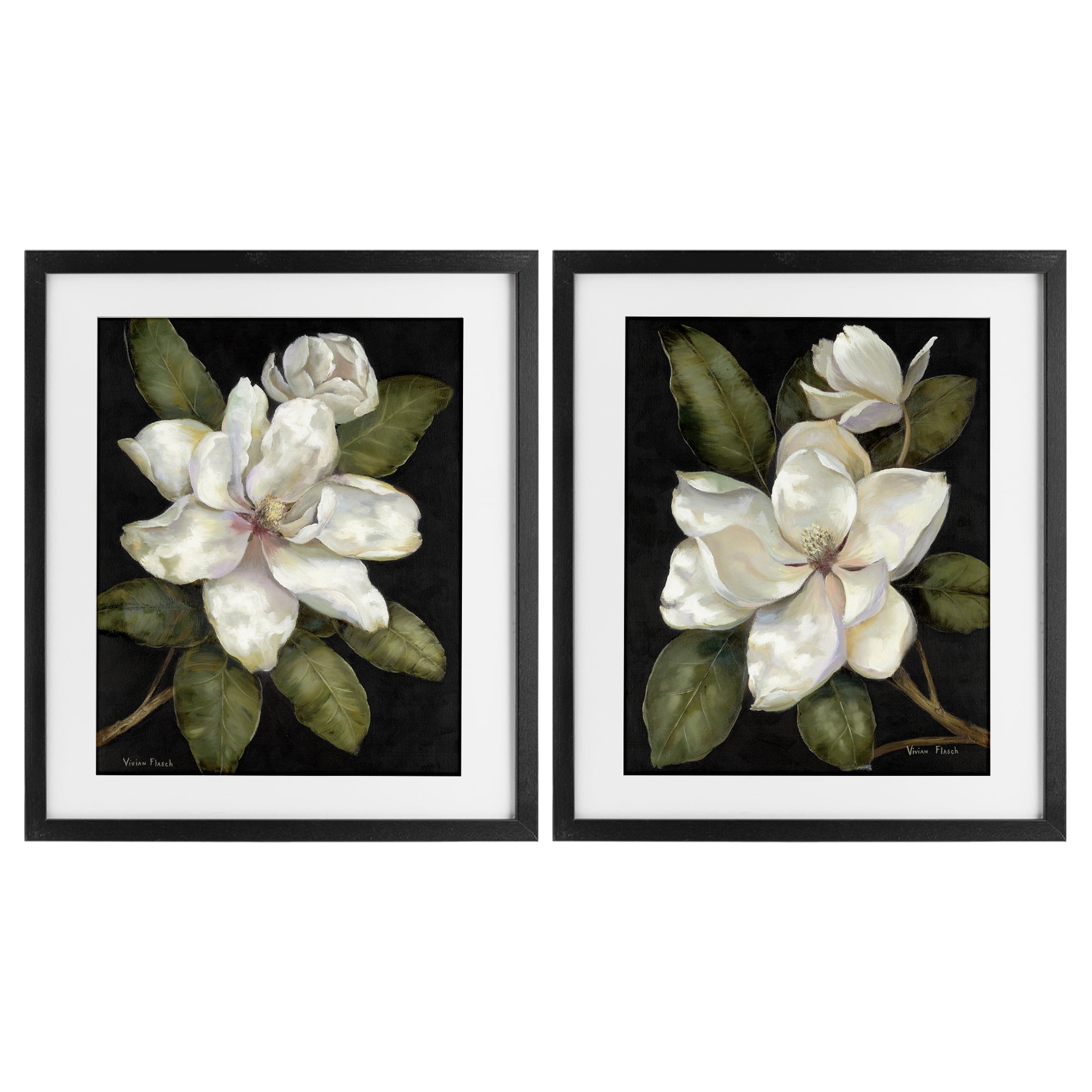 Stupell Industries Magnolia Buds & Blooms 2 Piece Black Framed Print Under Glass Set, design by Nan