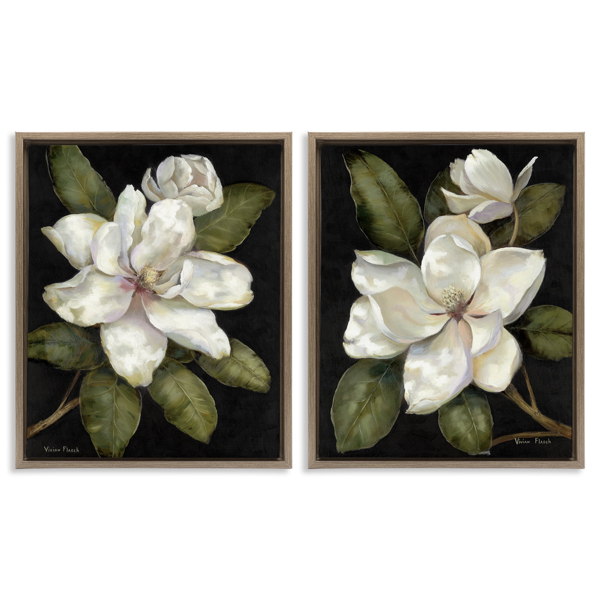 Stupell Industries Magnolia Buds & Blooms 2 Piece Brown Framed Floater Canvas Set, design by Nan