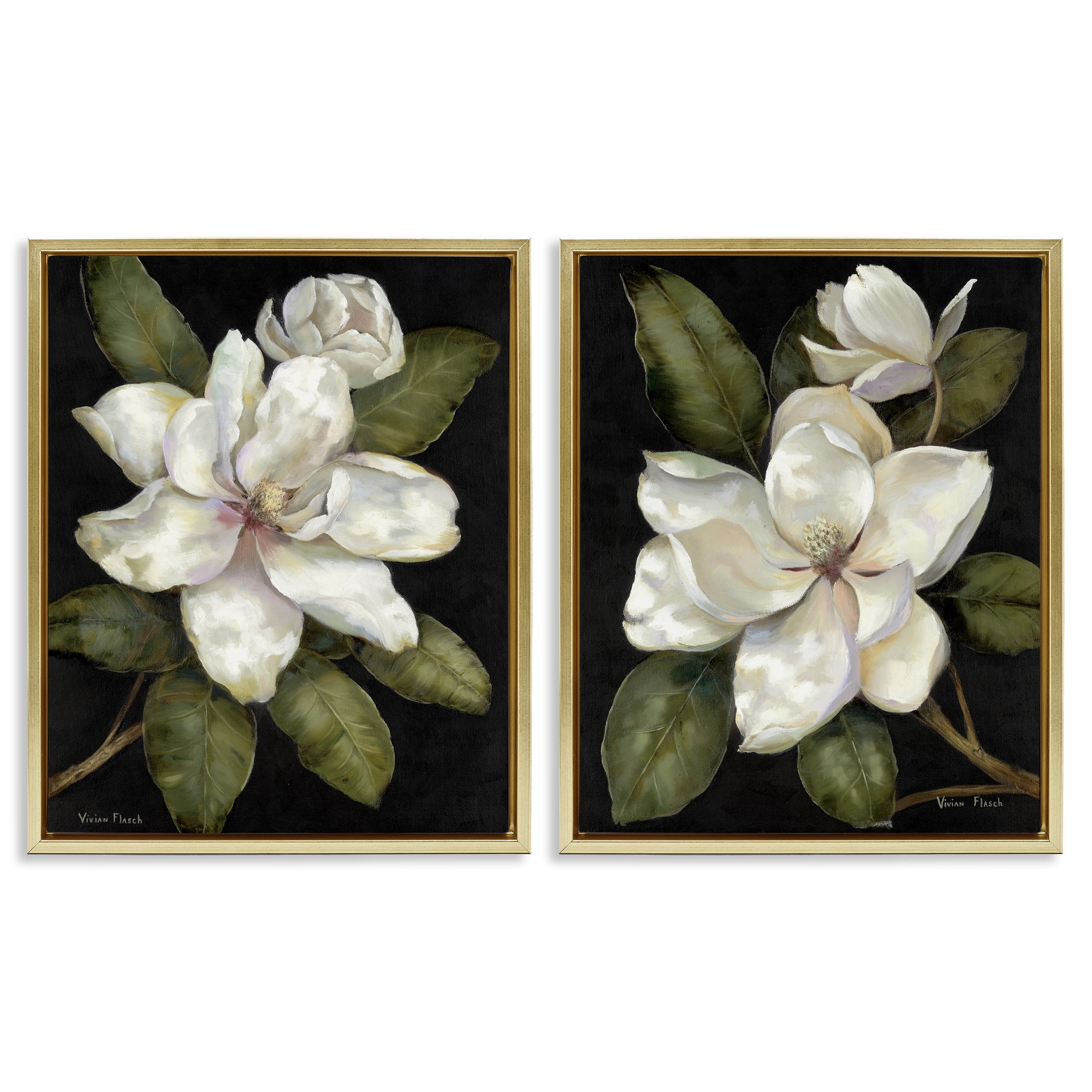 Stupell Industries Magnolia Buds & Blooms 2 Piece Gold Framed Floater Canvas Set, design by Nan