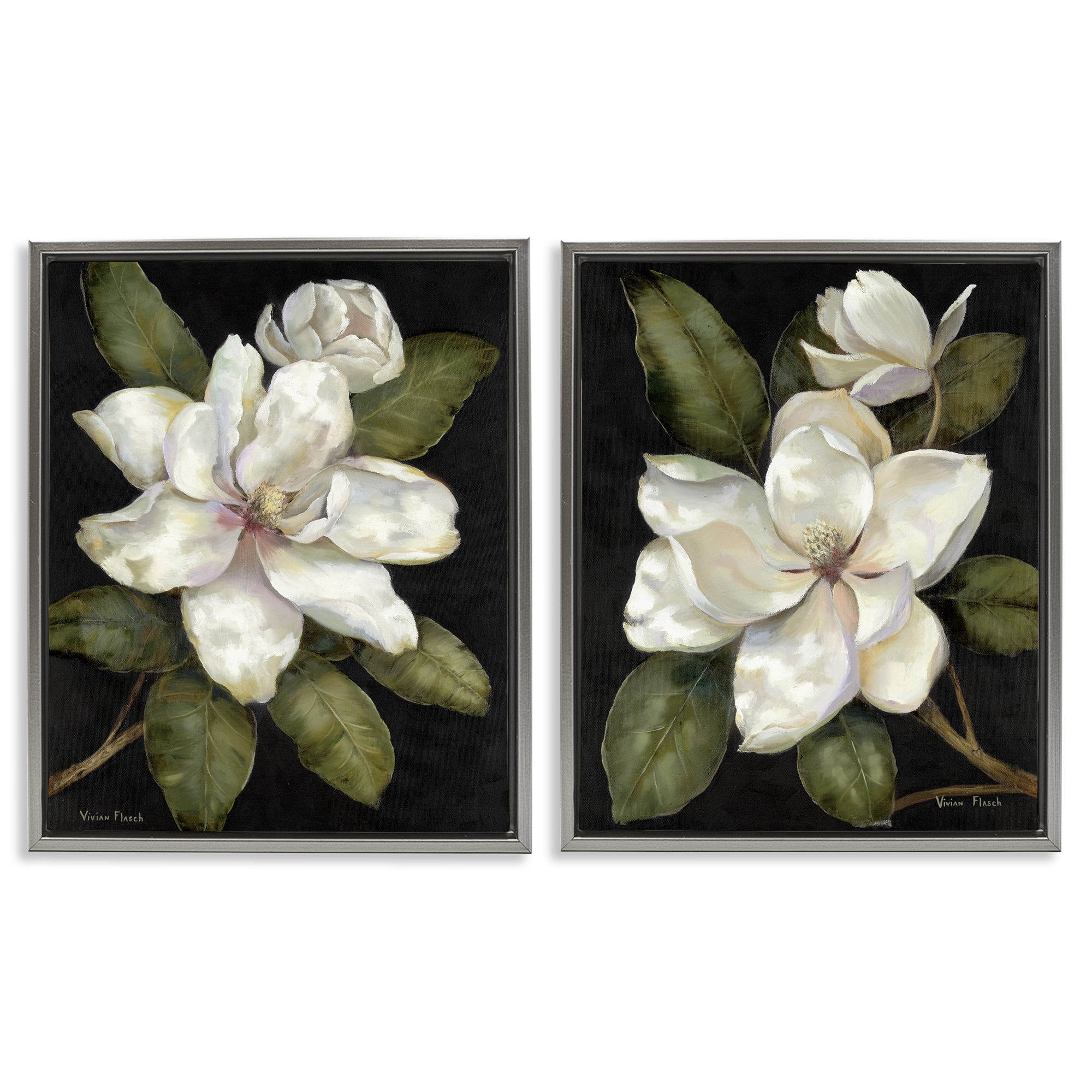 Stupell Industries Magnolia Buds & Blooms 2 Piece Gray Framed Floater Canvas Set, design by Nan