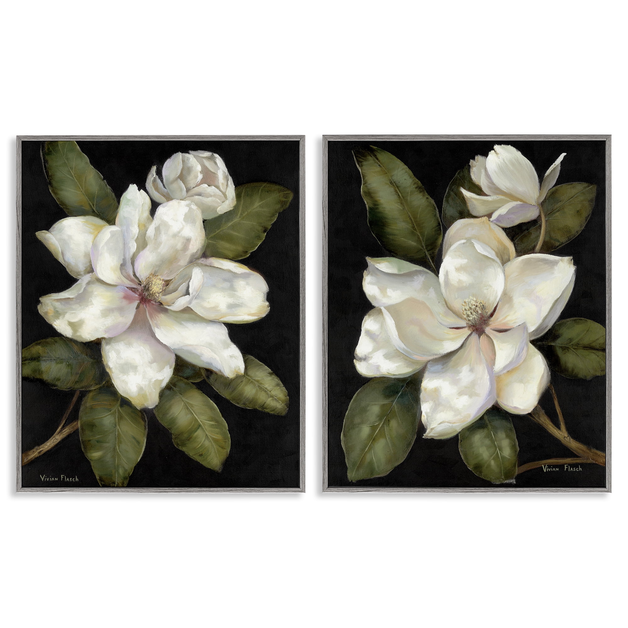 Stupell Industries Magnolia Buds & Blooms 2 Piece Gray Framed Giclee Art Set, design by Nan