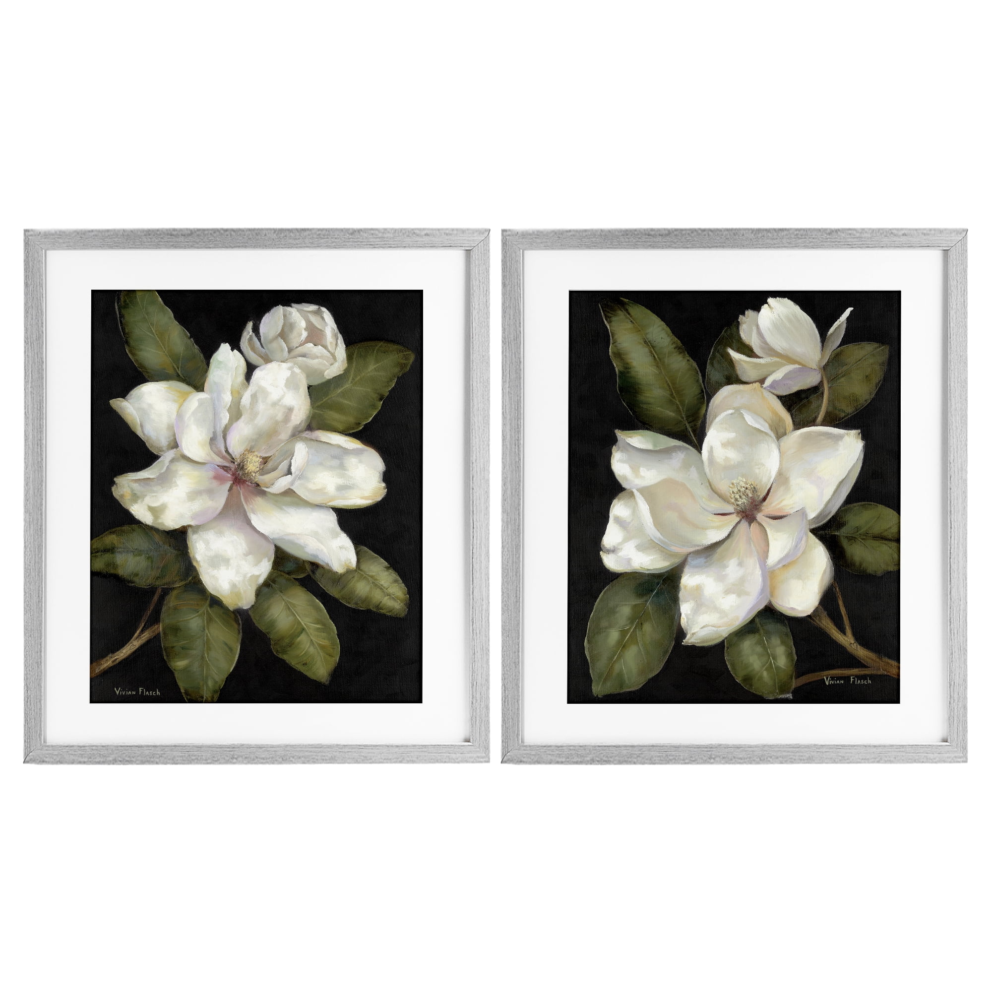 Stupell Industries Magnolia Buds & Blooms 2 Piece Gray Framed Print Under Glass Set, design by Nan