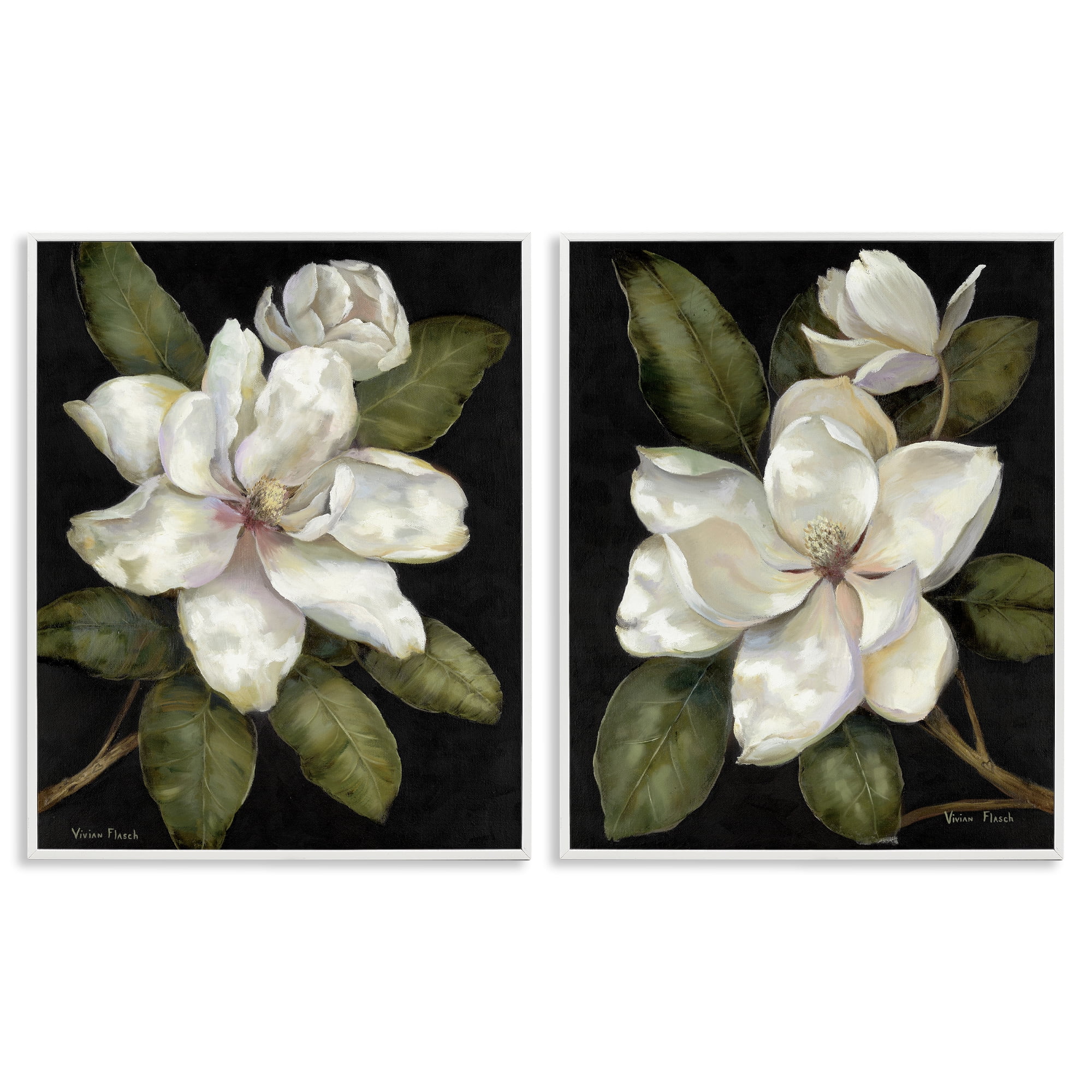 Stupell Industries Magnolia Buds & Blooms 2 Piece White Framed Giclee Art Set, design by Nan