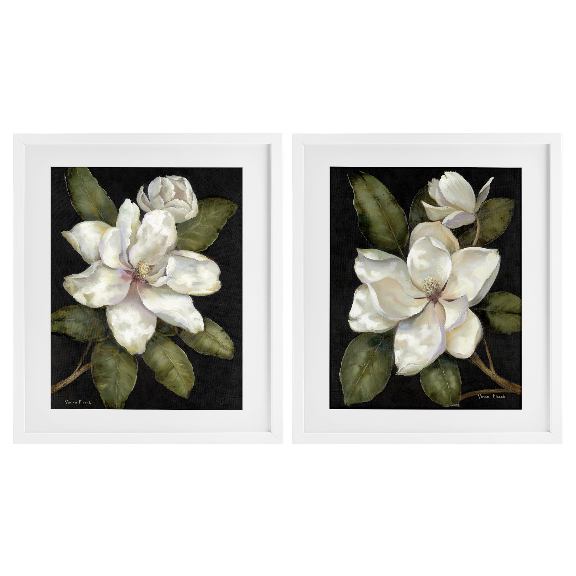 Stupell Industries Magnolia Buds & Blooms 2 Piece White Framed Print Under Glass Set, design by Nan