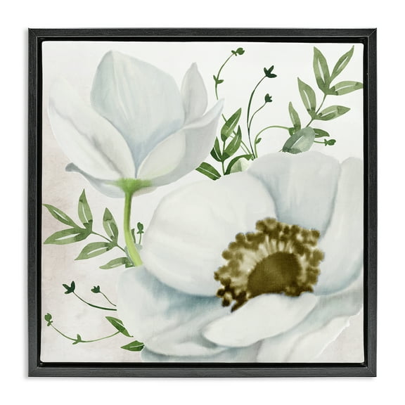 Stupell Industries Magnolia & Leaf Sprigs Plants & Flowers Painting Black Floater Framed Canvas Art Print Wall Art, 18 x 18