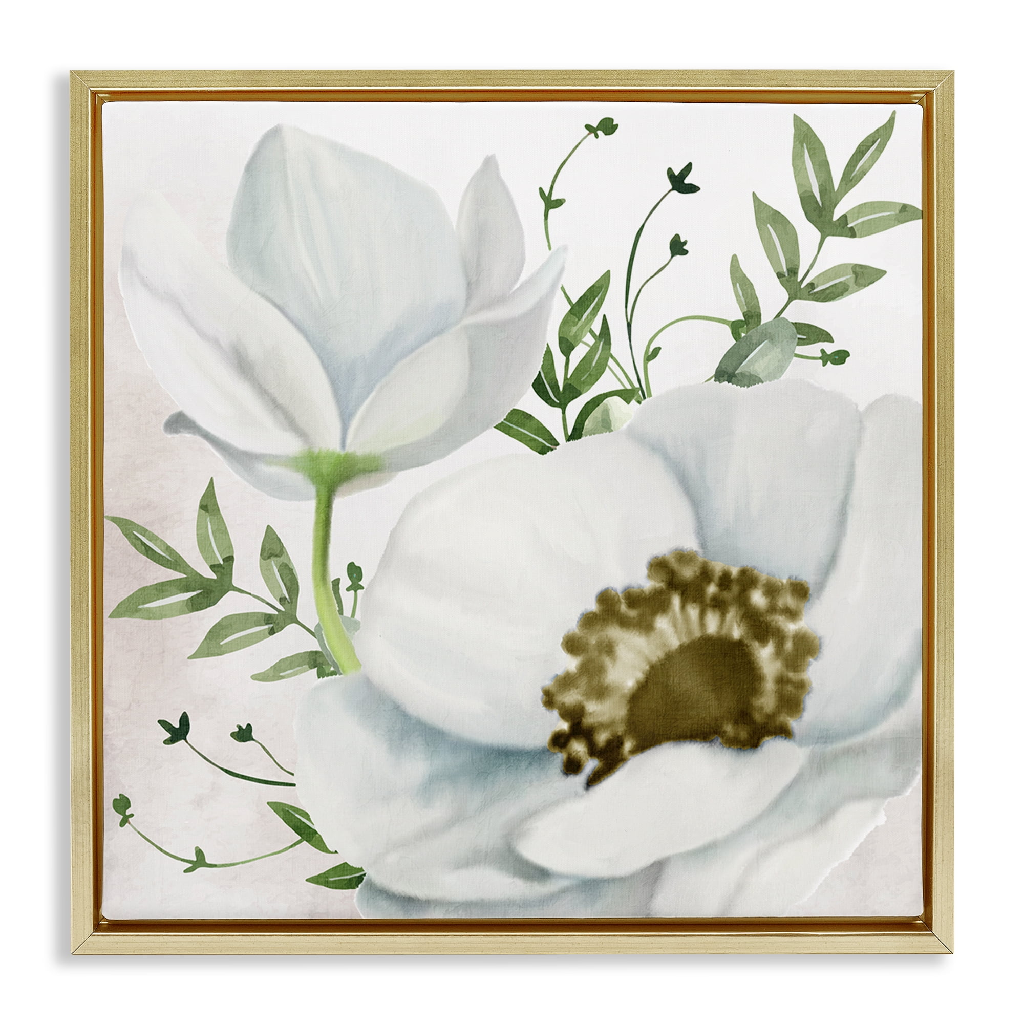 Stupell Industries Magnolia & Leaf Sprigs Plants & Flowers Painting Gold Floater Framed Canvas Art Print Wall Art, 18 x 18