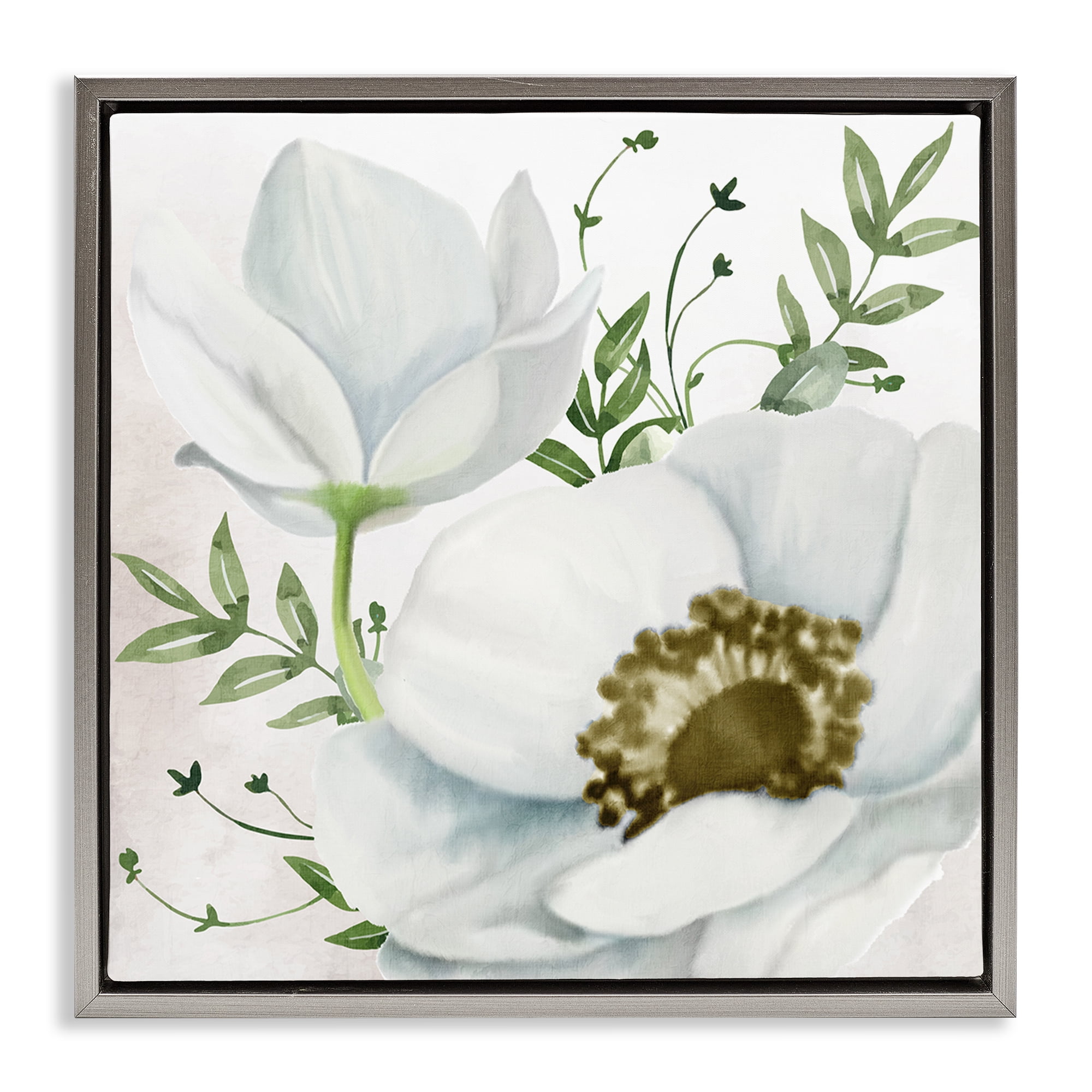 Stupell Industries Magnolia & Leaf Sprigs Plants & Flowers Painting Gray Floater Framed Canvas Art Print Wall Art, 18 x 18