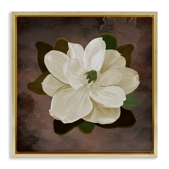 Stupell Industries Magnolia on Brown Gold Framed Floater Canvas Wall Art design by Jennifer Stith, 25 x 25
