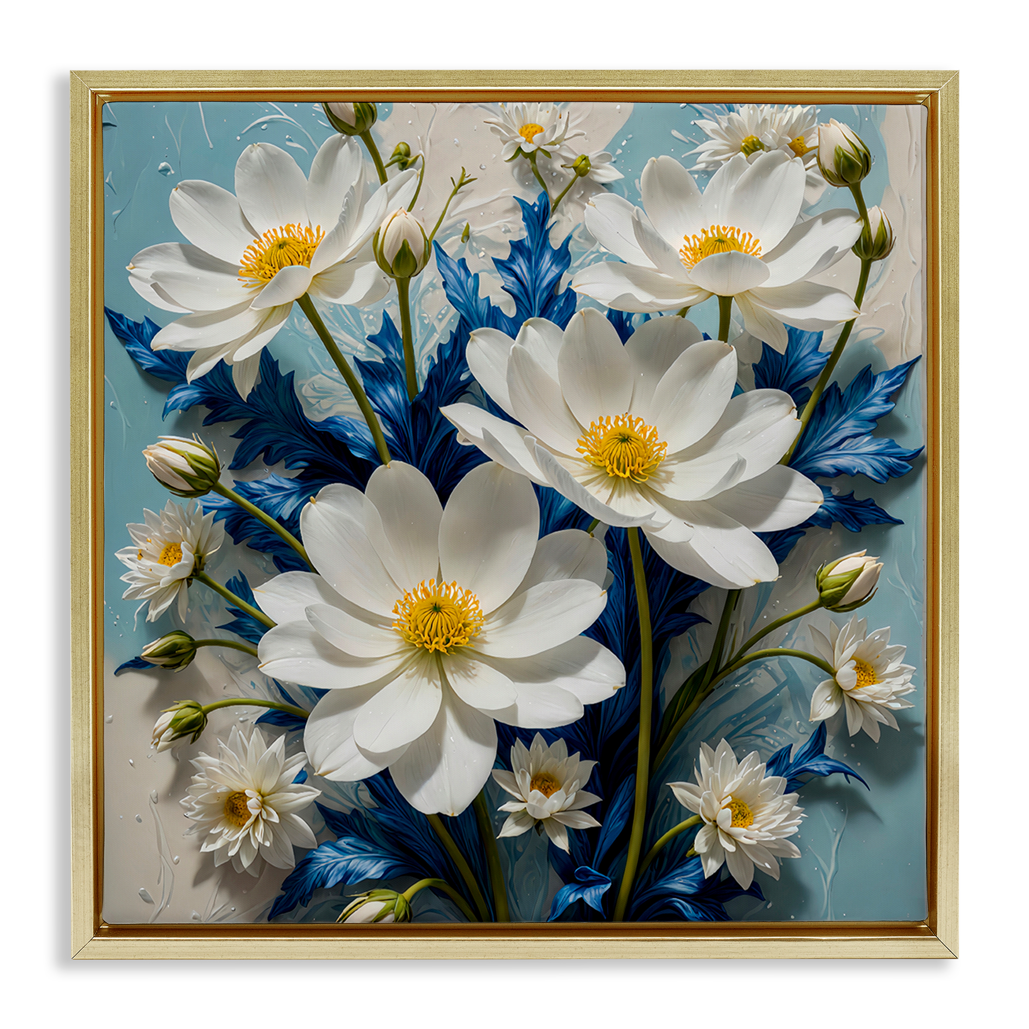 Stupell Industries Magnolias & Blue Florals Plants & Flowers Painting Gold Floater Framed Canvas Art Print Wall Art, 25 x 25