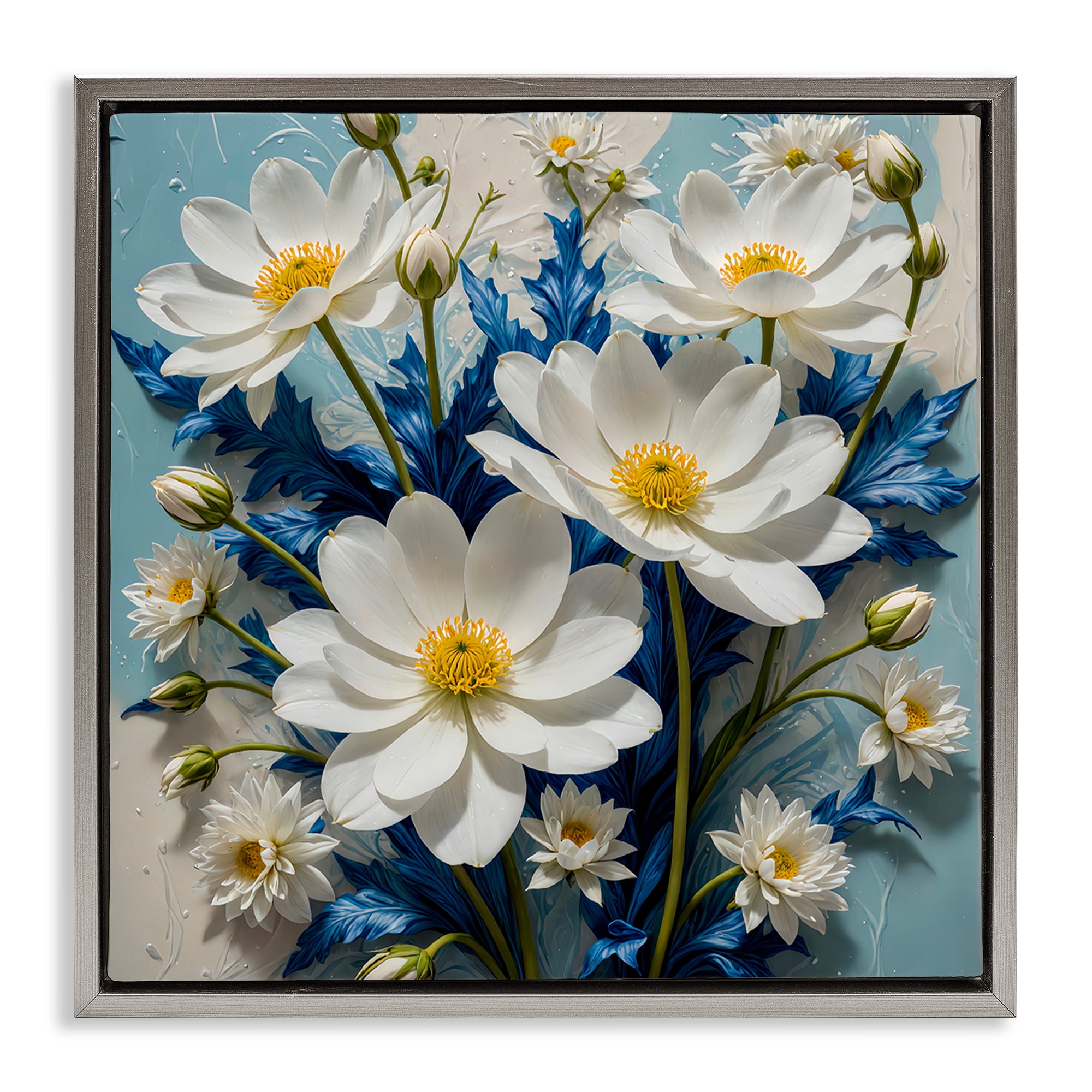 Stupell Industries Magnolias & Blue Florals Plants & Flowers Painting Gray Floater Framed Canvas Art Print Wall Art, 18 x 18