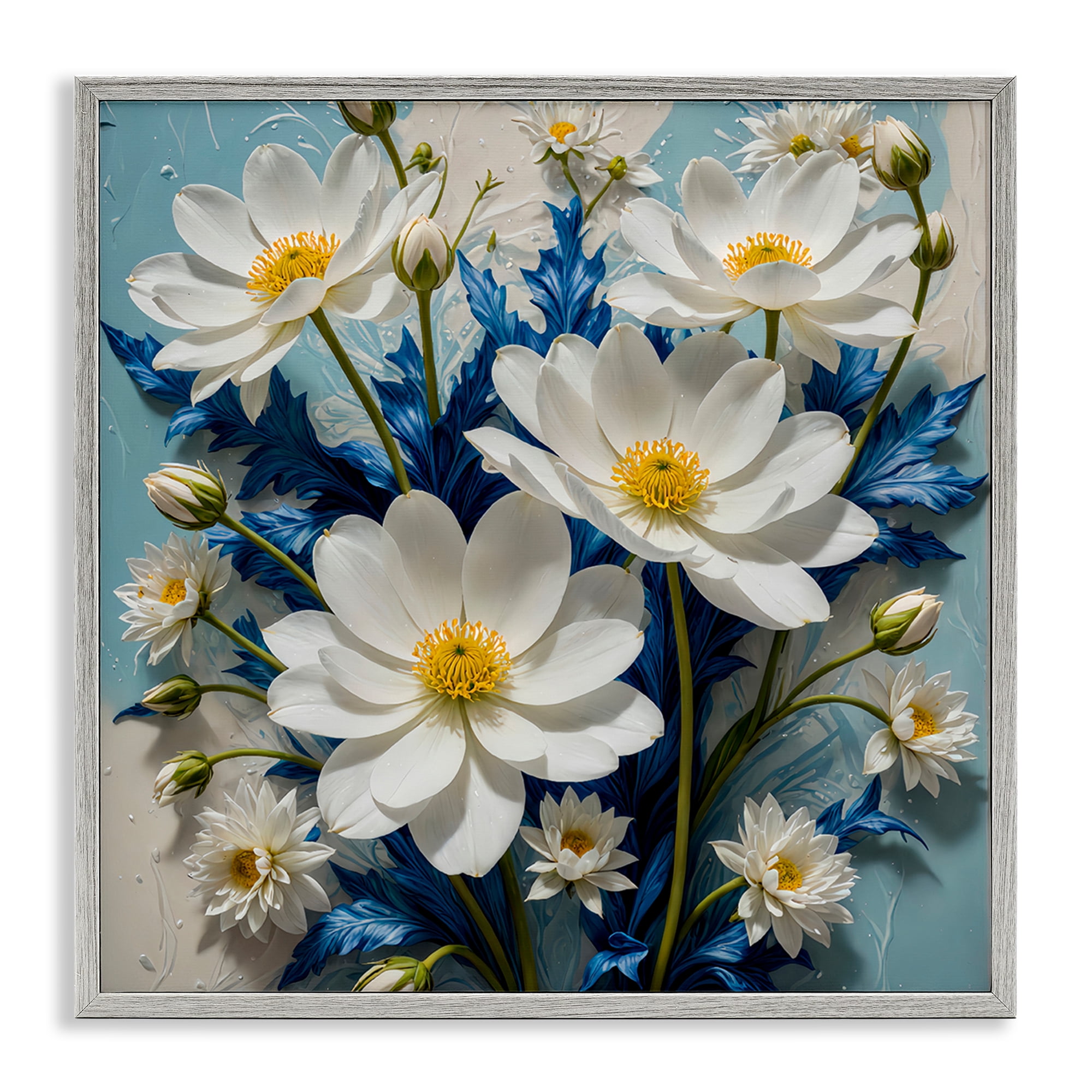 Stupell Industries Magnolias & Blue Florals Plants & Flowers Painting Gray Framed Art Print Wall Art, 24 x 24