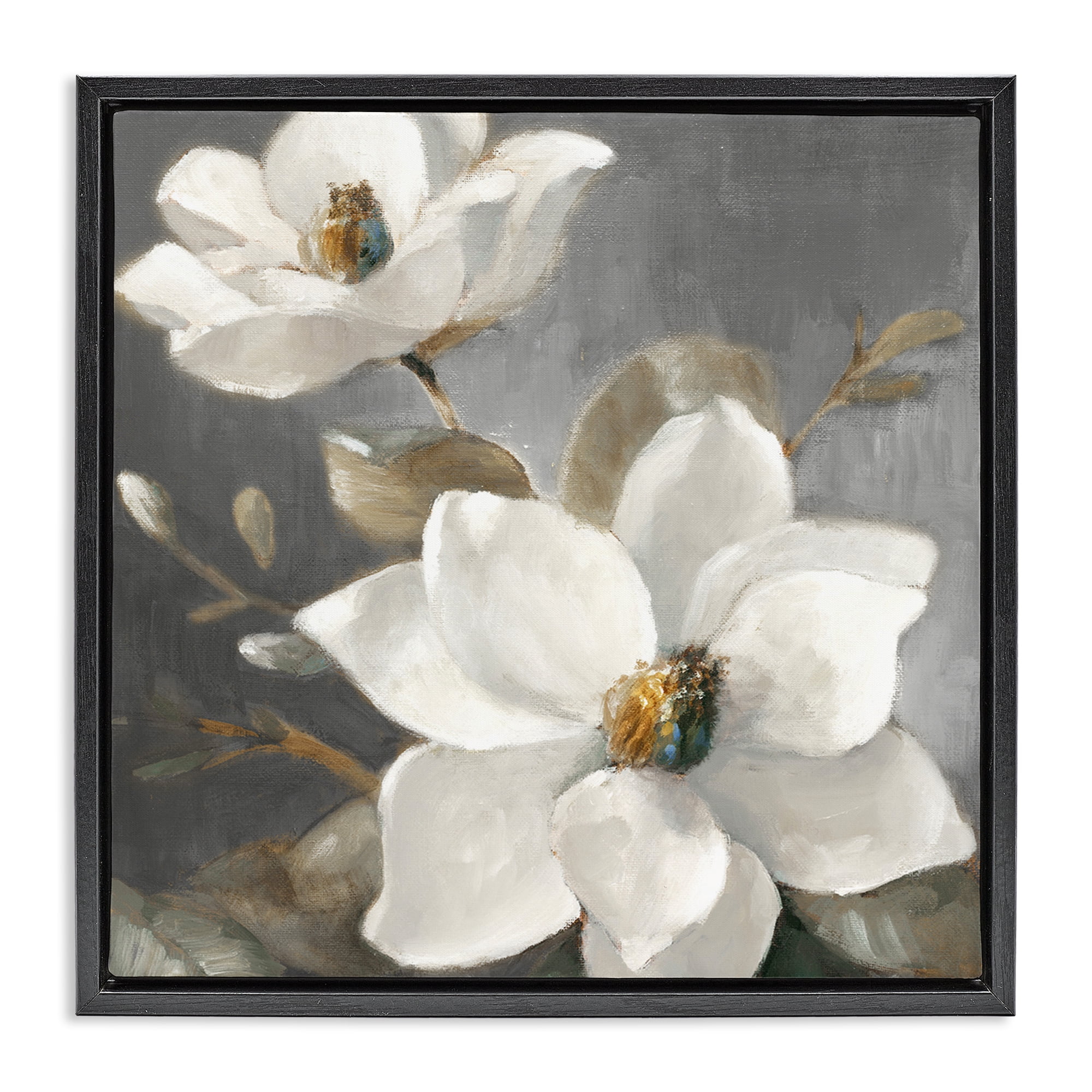 Stupell Industries Magnolias on Grey Botanical & Floral Painting Black Floater Framed Canvas Art Print Wall Art, 18 x 18