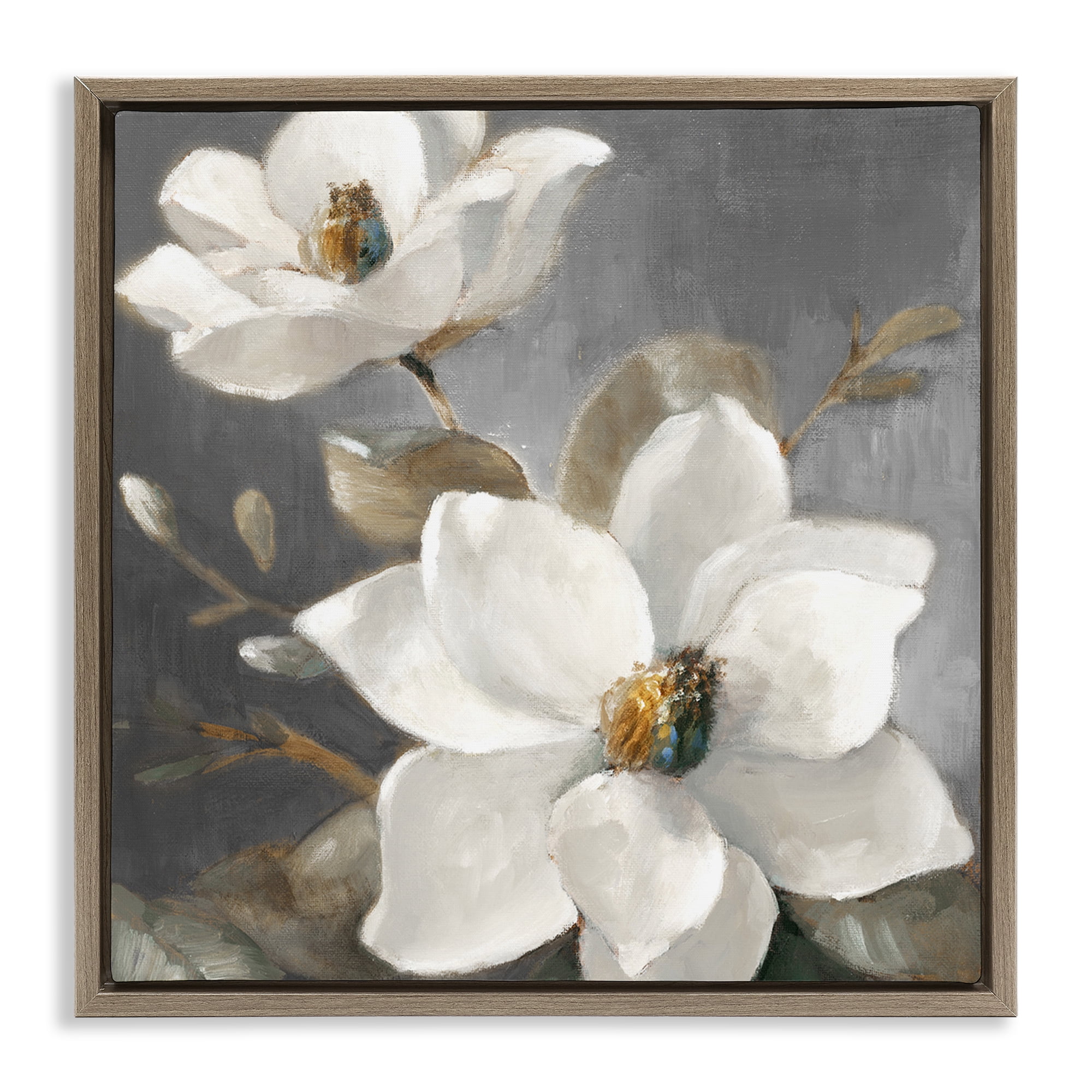 Stupell Industries Magnolias on Grey Botanical & Floral Painting Brown Floater Framed Canvas Art Print Wall Art, 18 x 18