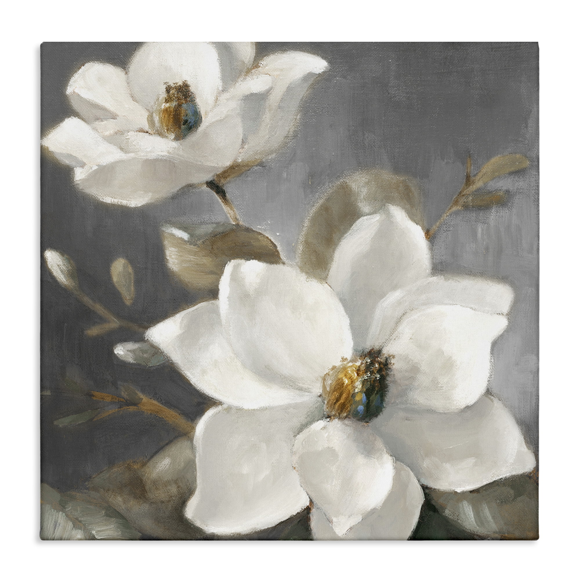Stupell Industries Magnolias on Grey Botanical & Floral Painting Gallery Wrapped Canvas Art Print Wall Art, 17 x 17