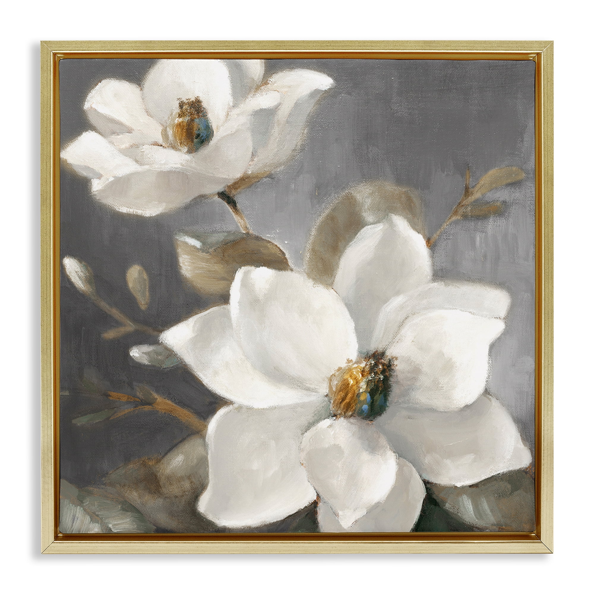 Stupell Industries Magnolias on Grey Botanical & Floral Painting Gold Floater Framed Canvas Art Print Wall Art, 18 x 18