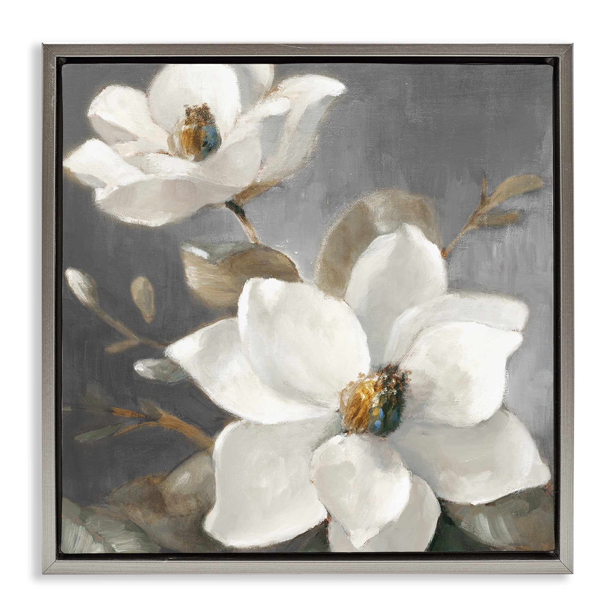 Stupell Industries Magnolias on Grey Botanical & Floral Painting Gray Floater Framed Canvas Art Print Wall Art, 18 x 18