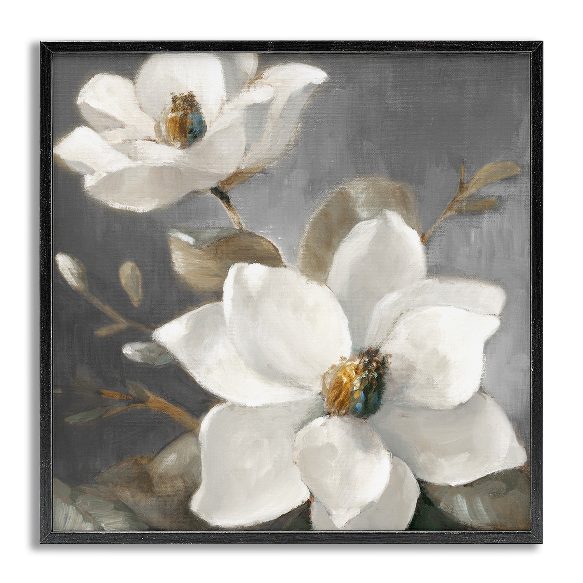 Stupell Industries Magnolias on Grey Botanical & Floral Painting Gray Framed Art Print Wall Art, 24 x 24