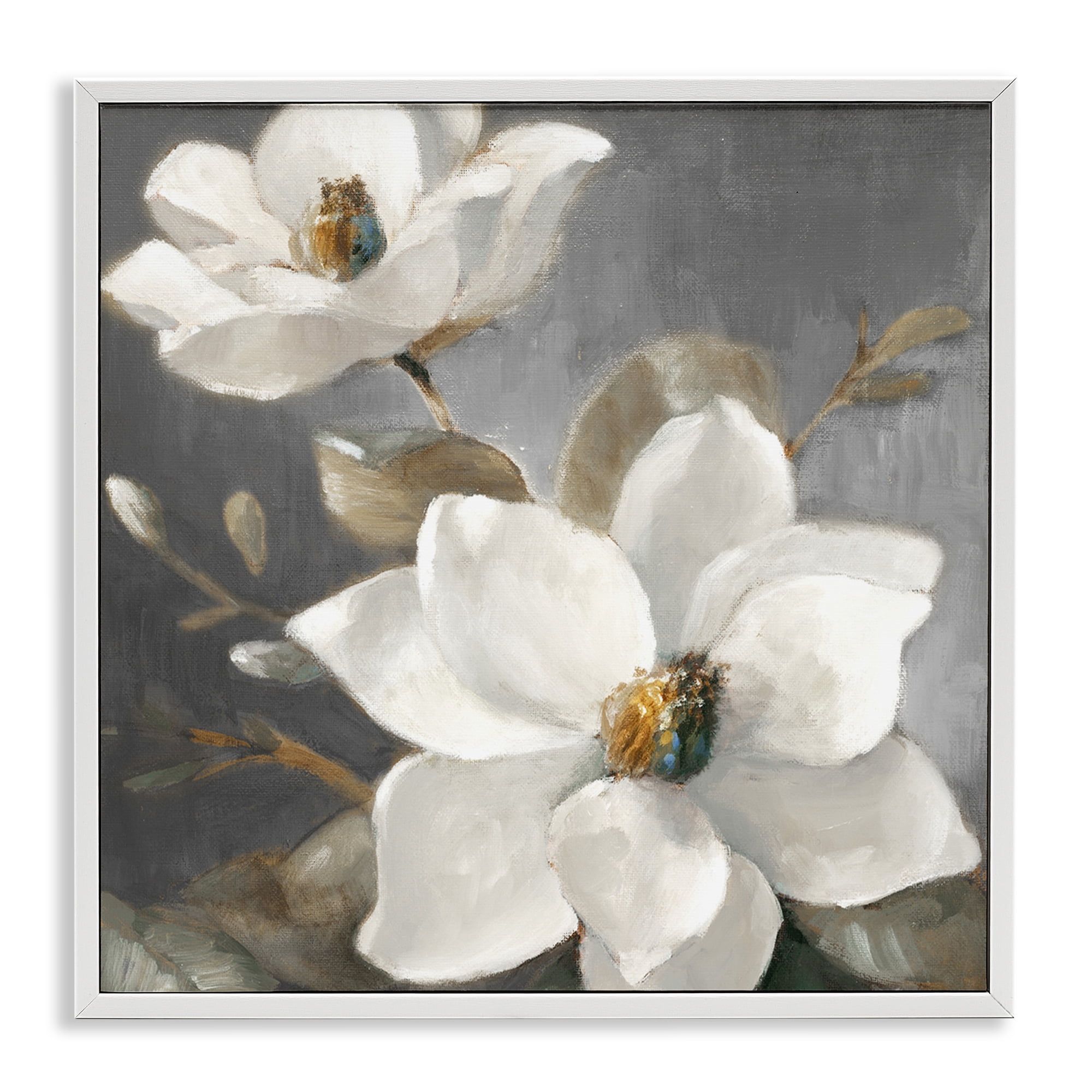Stupell Industries Magnolias on Grey Botanical & Floral Painting White Framed Art Print Wall Art, 12 x 12