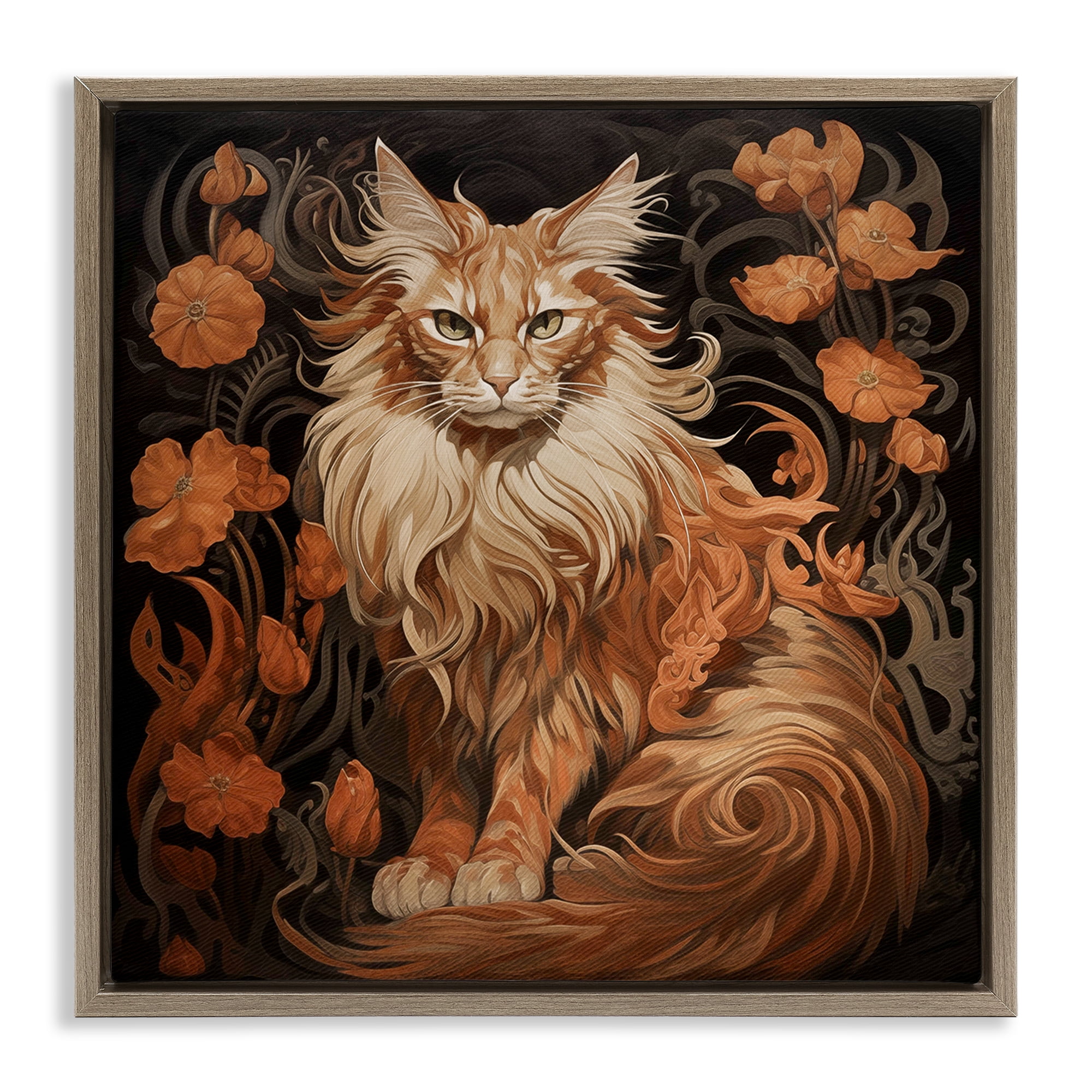 Stupell Industries Maine Coon Cat Portrait Animals Painting Brown Floater Framed Canvas Art Print Wall Art, 25 x 25