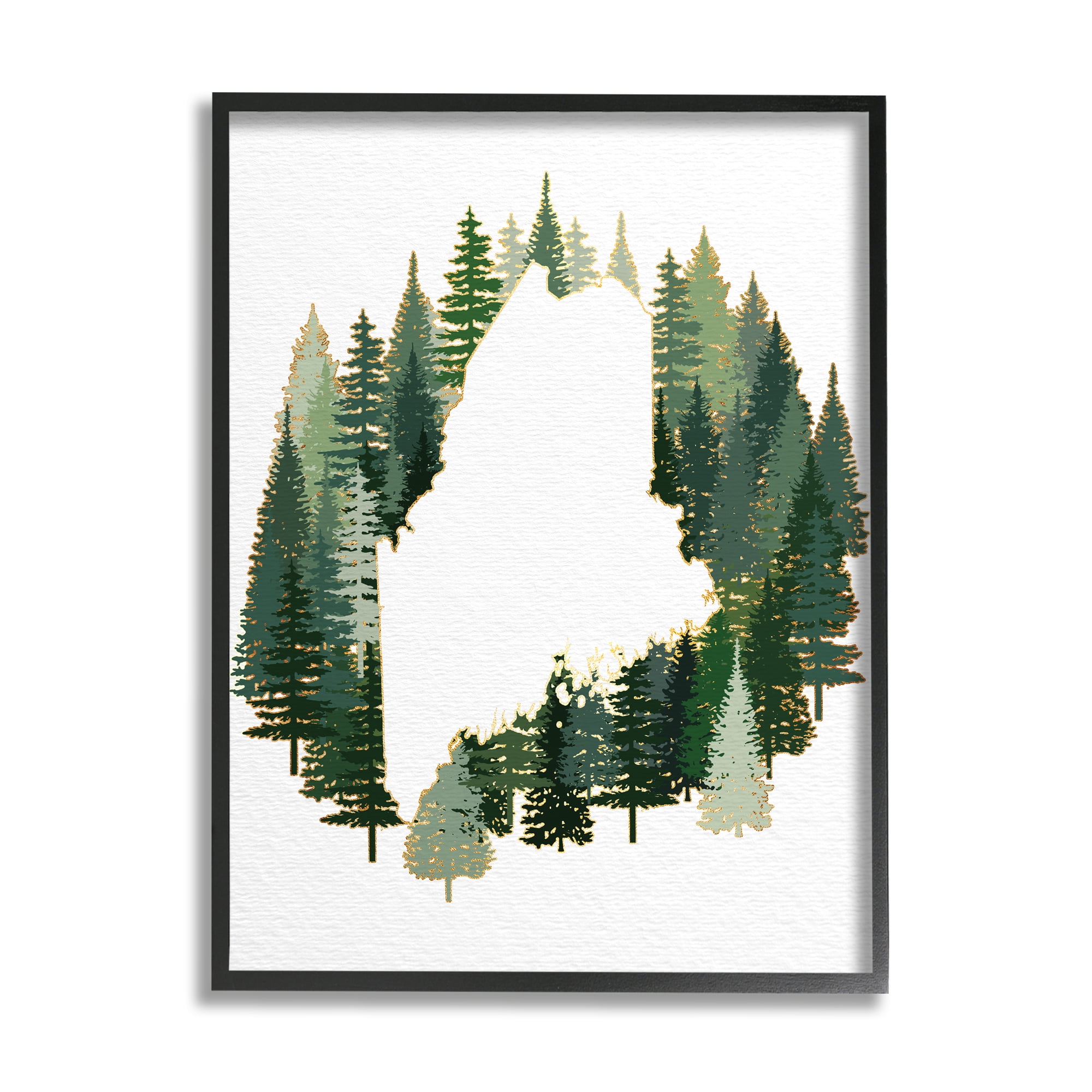 Stupell Industries Maine State Outline Green Forest Pine Trees Town & City Painting Black Framed Art Print Wall Art, 24 x 30