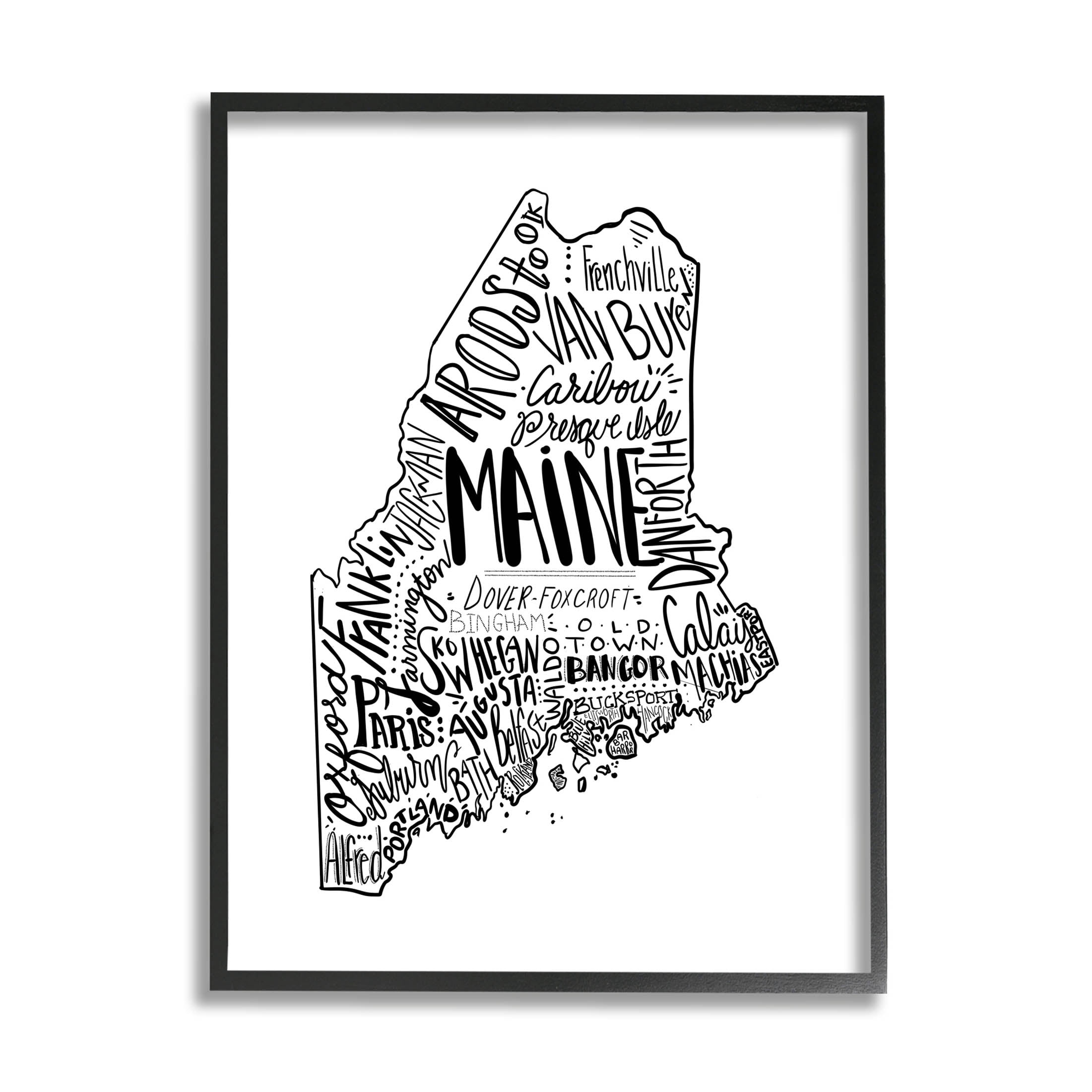 Stupell Industries Maine State Shape US Cities Typography Graphic Art Black Framed Art Print Wall Art, Design by The Saturday Evening Post