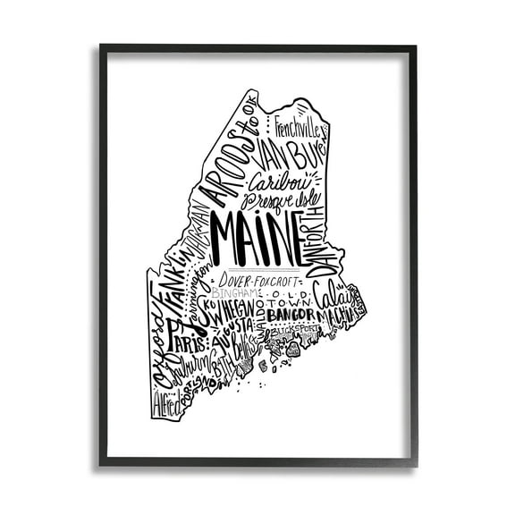 Stupell Industries Maine State Shape US Cities Typography Graphic Art Black Framed Art Print Wall Art, Design by The Saturday Evening Post